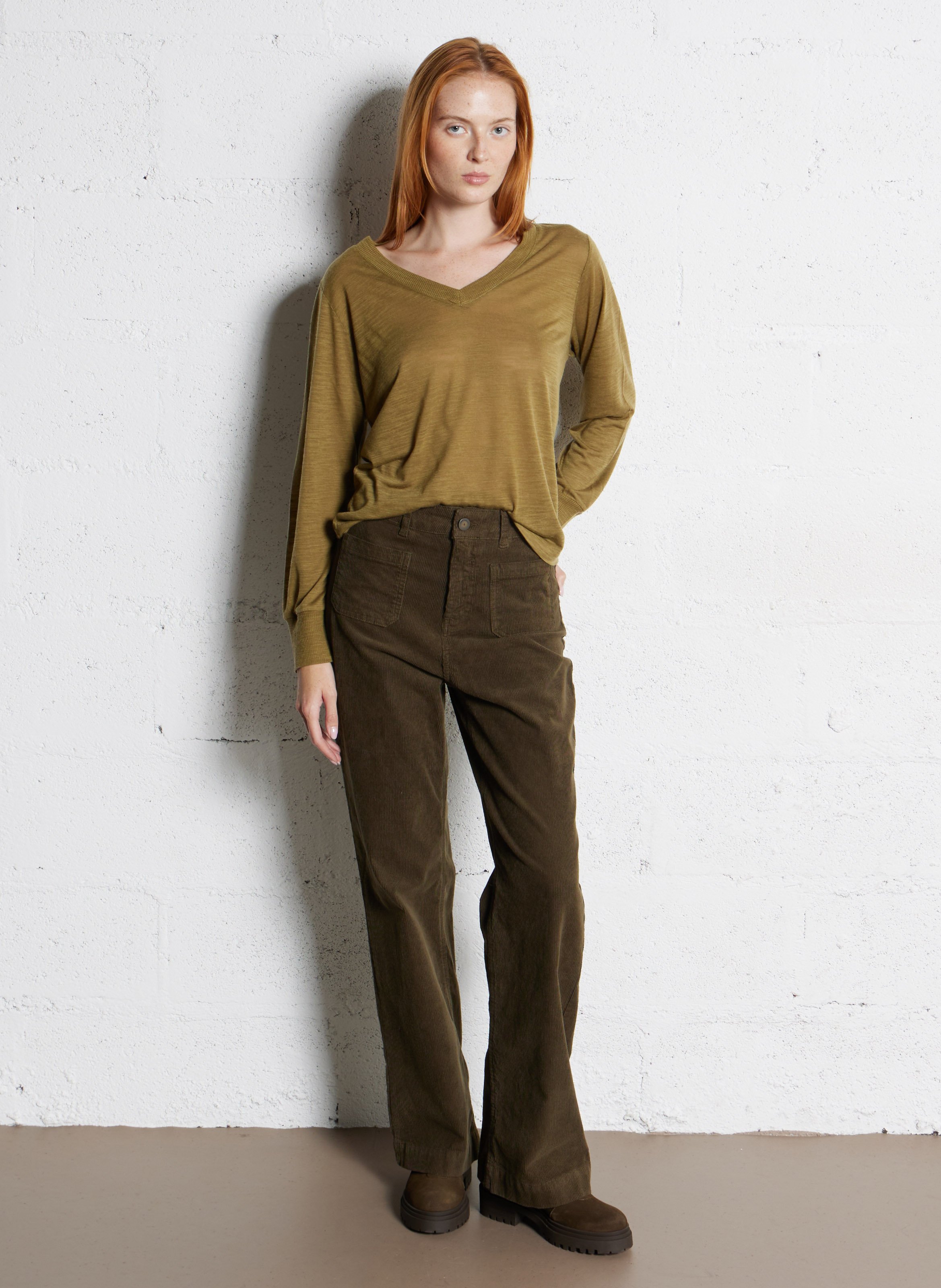 T-shirt met V-hals en lange mouwen in effen kleur BENSIMON Kaki