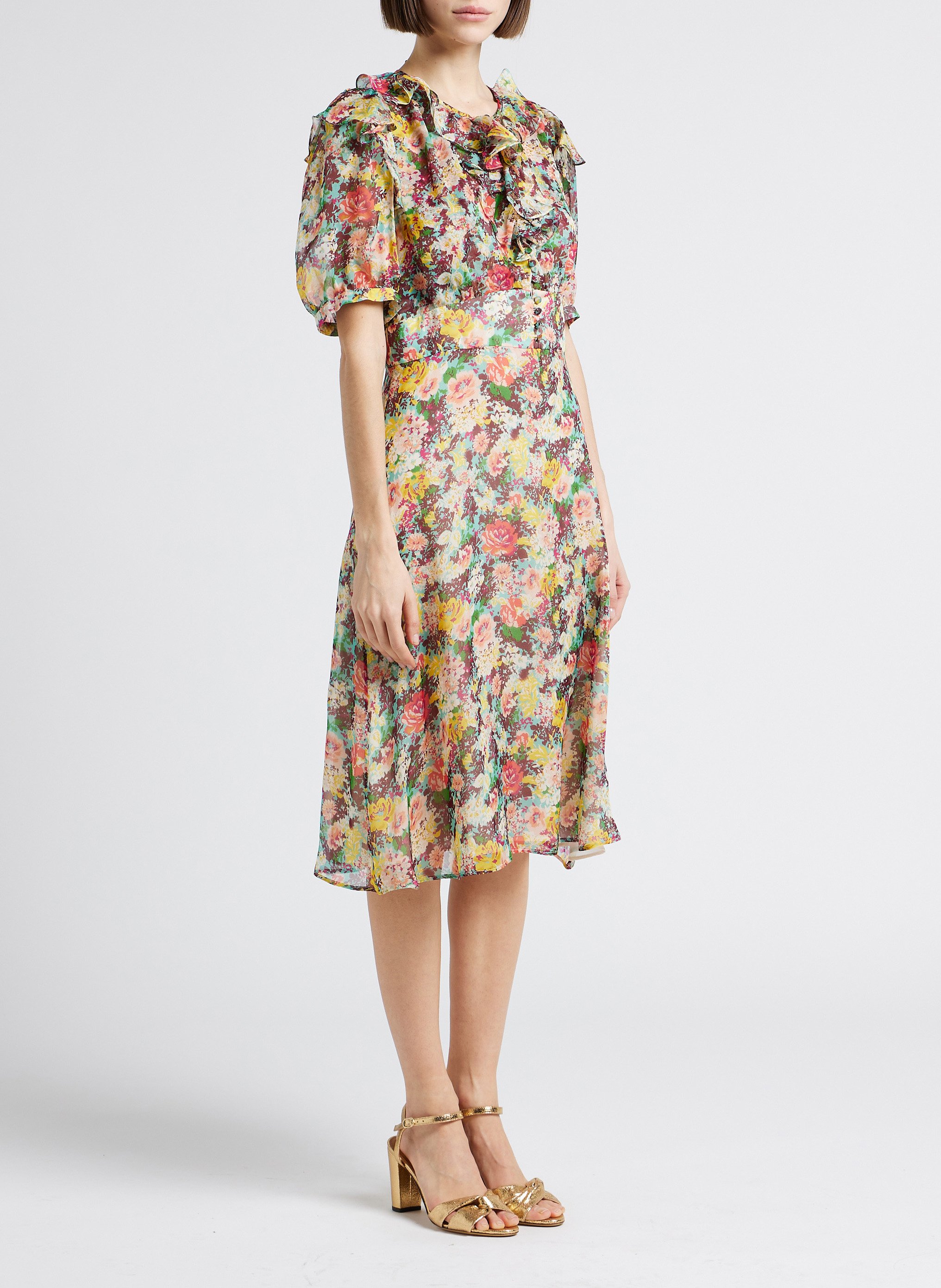 Robe midi col rond imprimée en soie PAUL AND JOE Bleu