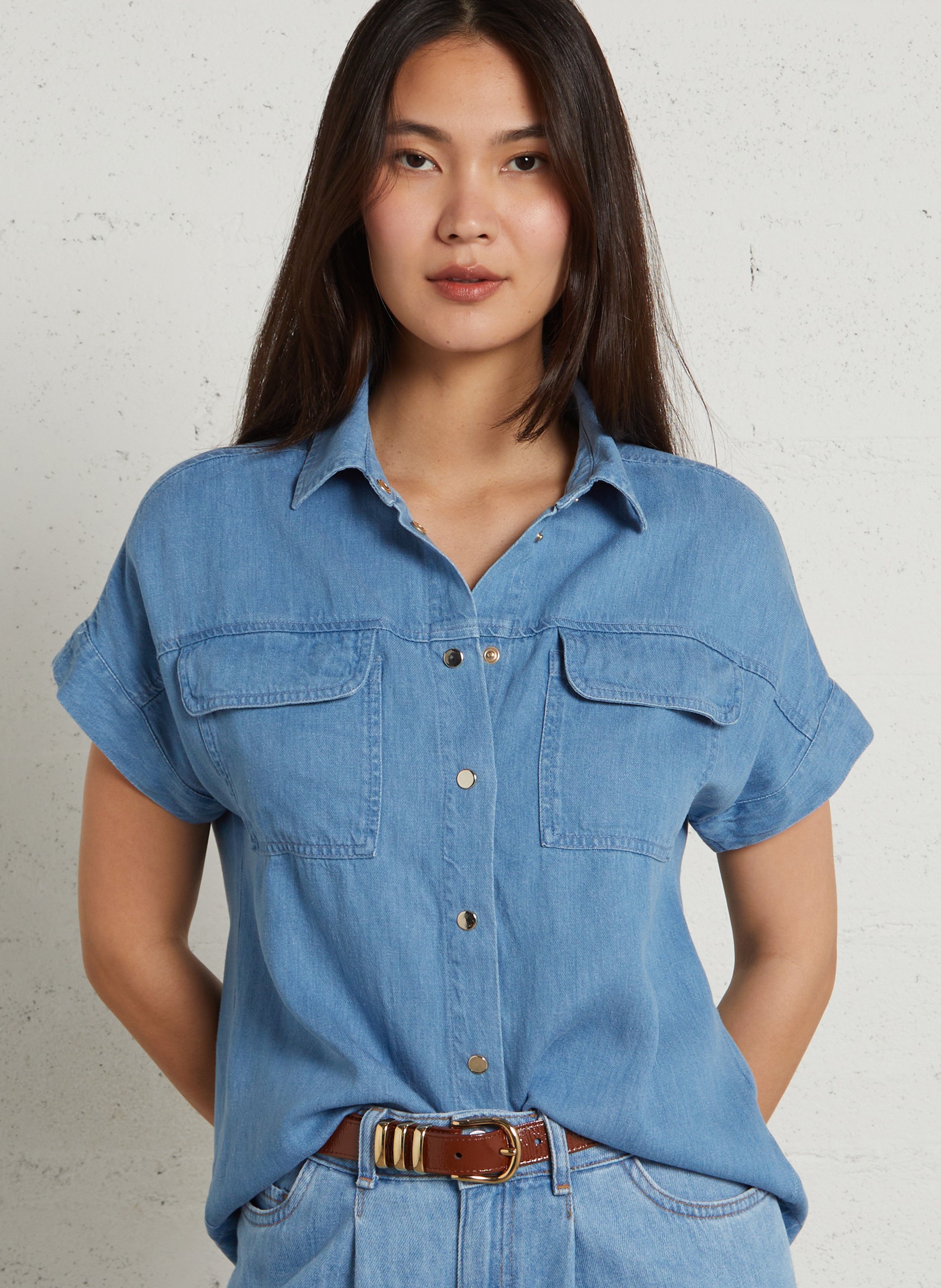 Chemise manches courtes en denim MAISON 123 Bleu