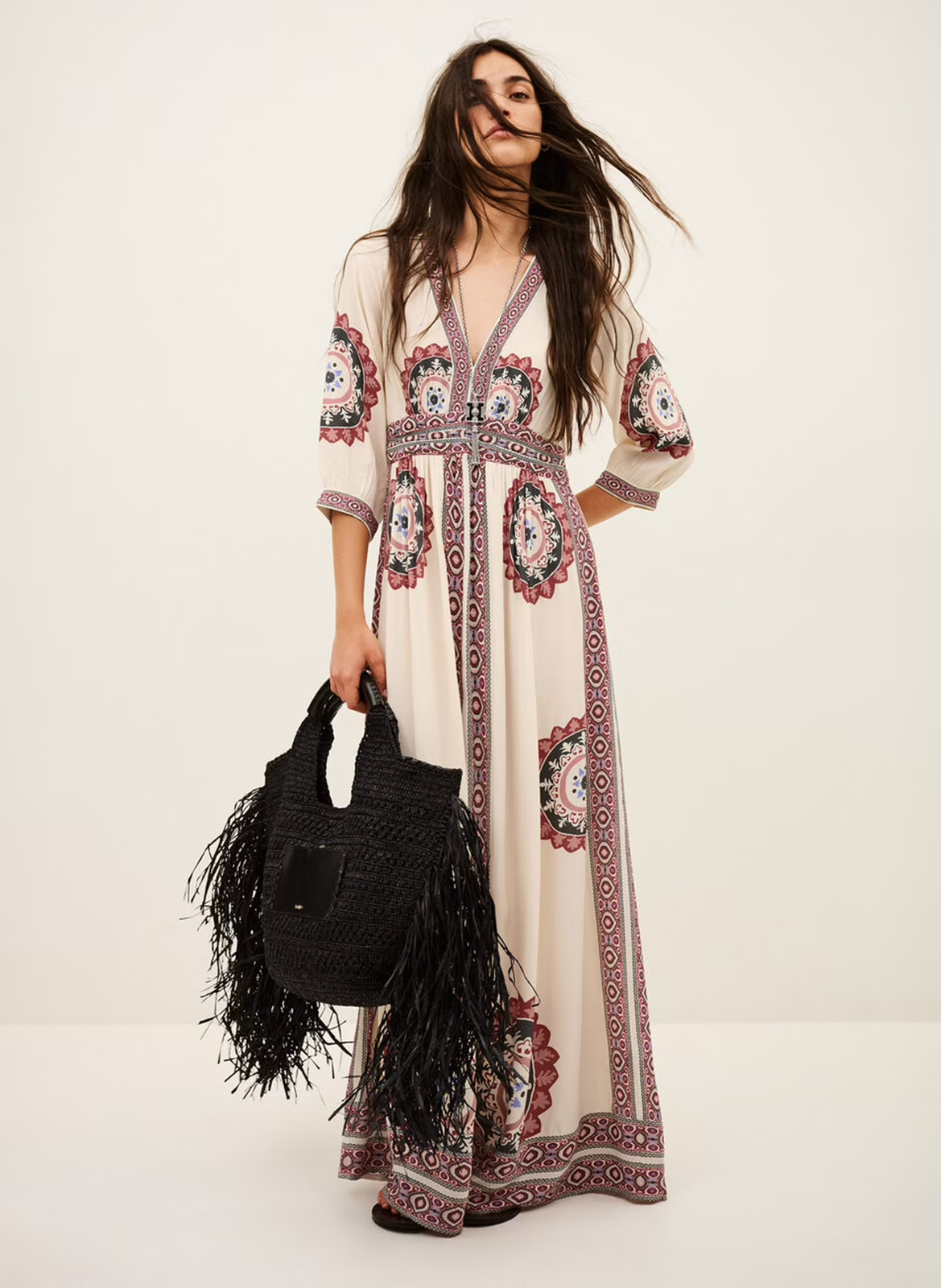 Lange jurk met V-hals en print BA&SH Beige