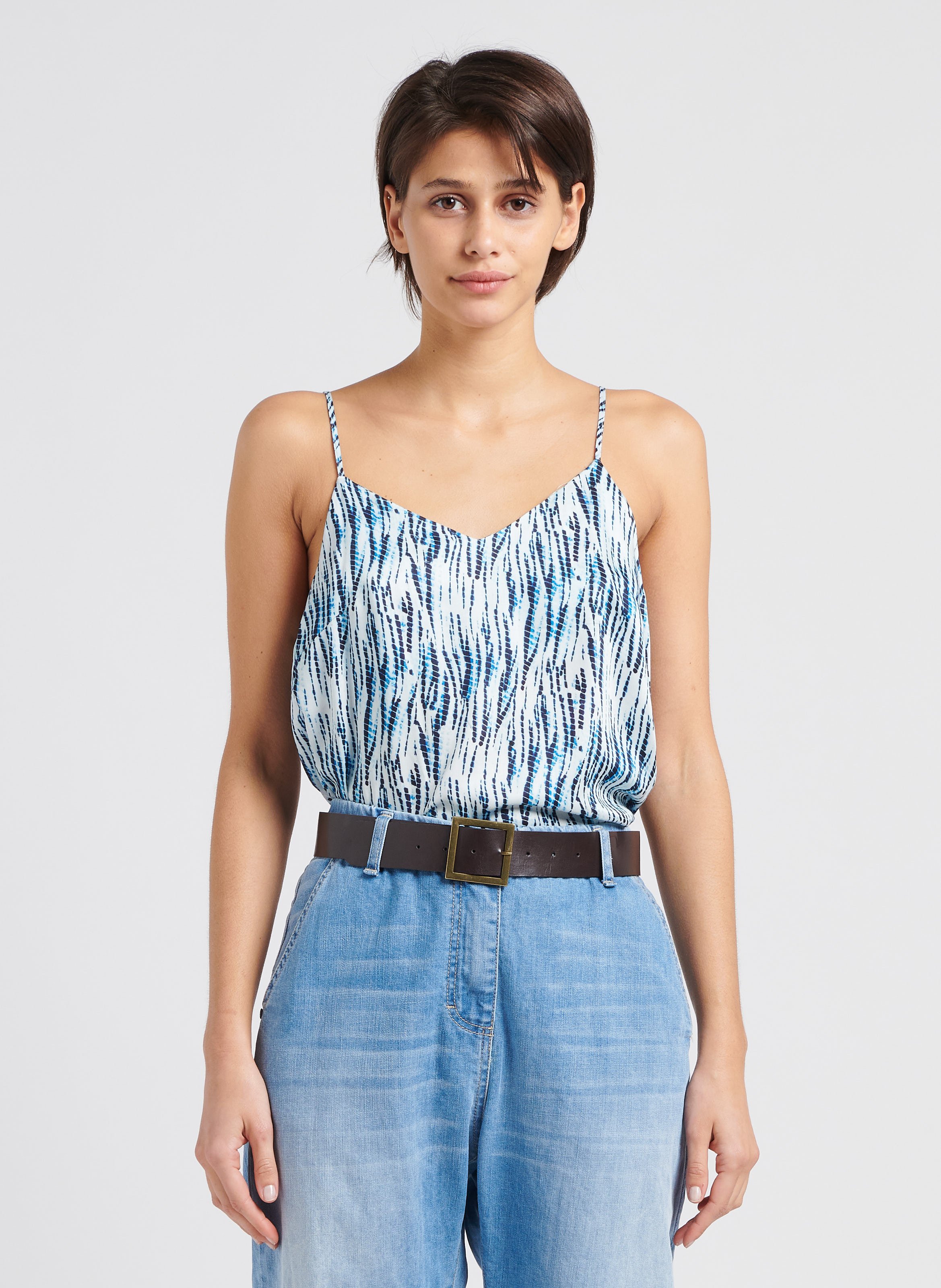 Topje met V-hals en print PLEASE Blauw