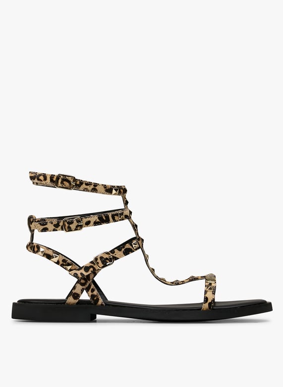 Sandales plates en cuir poney imprimé Coralie Leopard Les