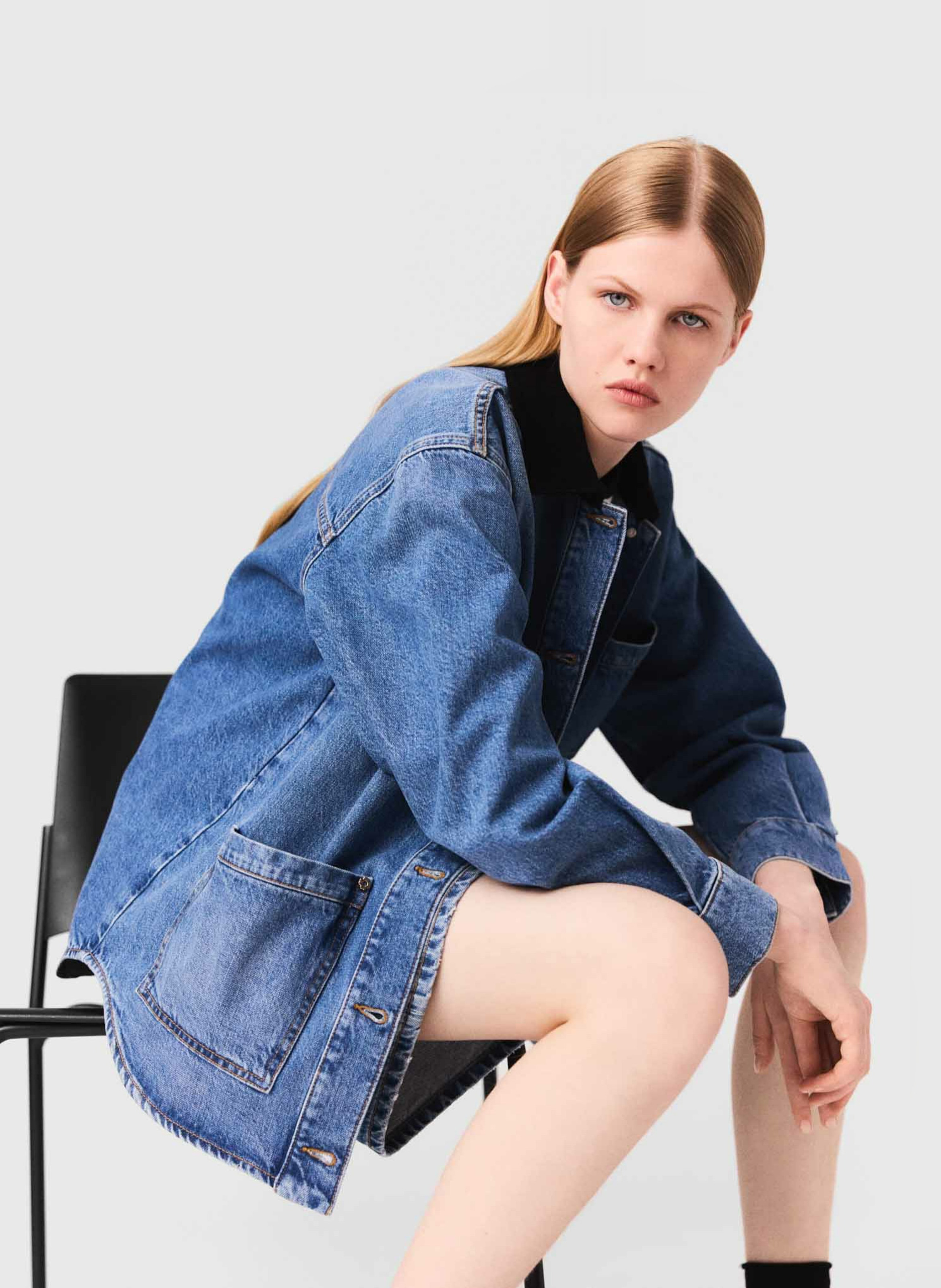 Blouson col rond en denim de coton MAJE Bleu