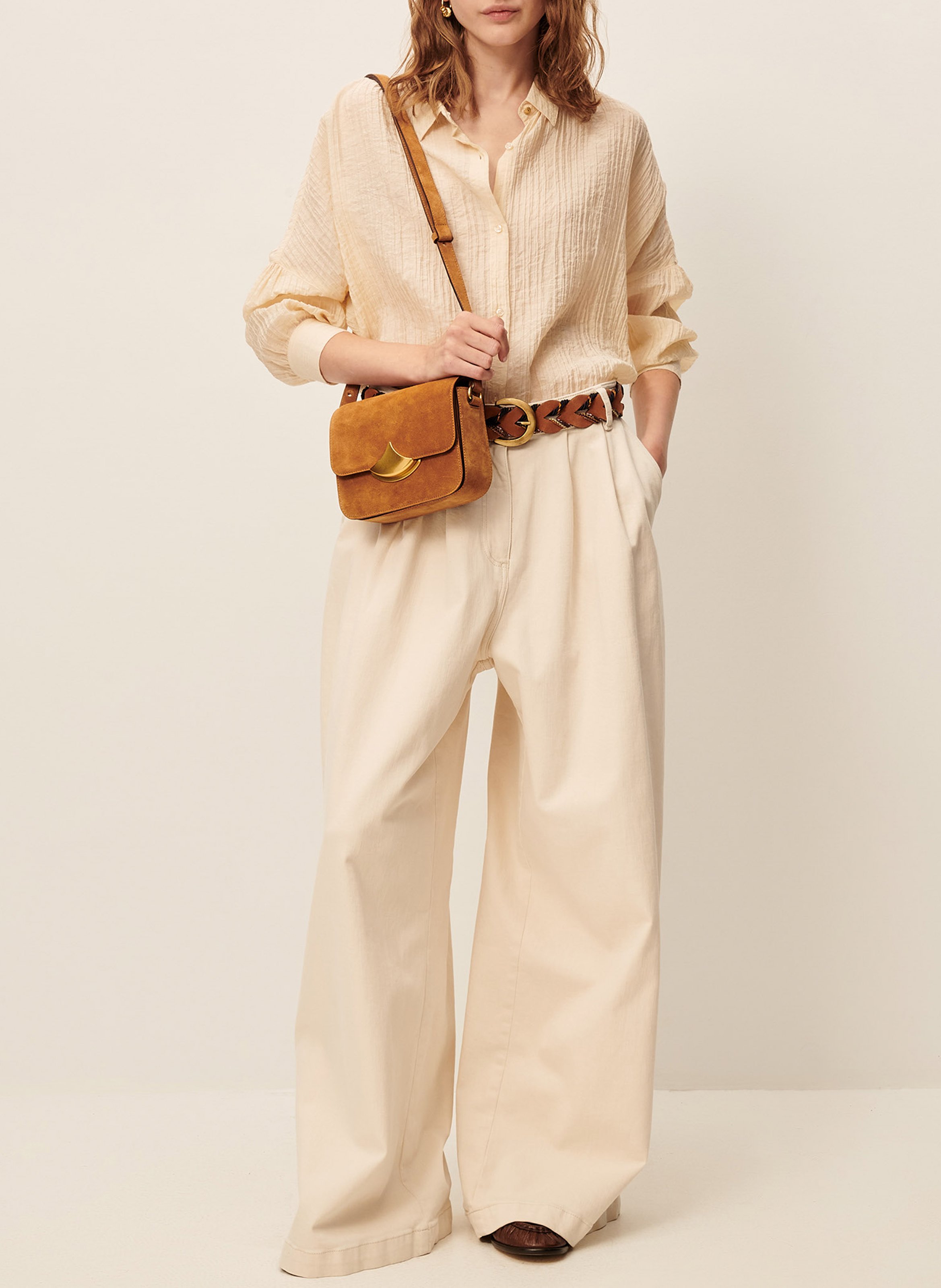 Classic-collar oversized striped cotton shirt SESSUN Beige