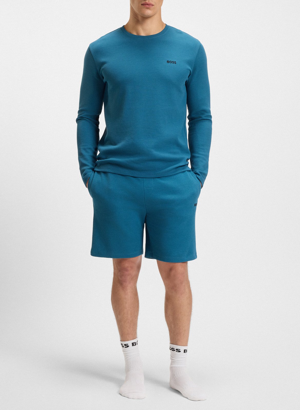 Straight waffle-textured shorts with embroidered logo BOSS Blue