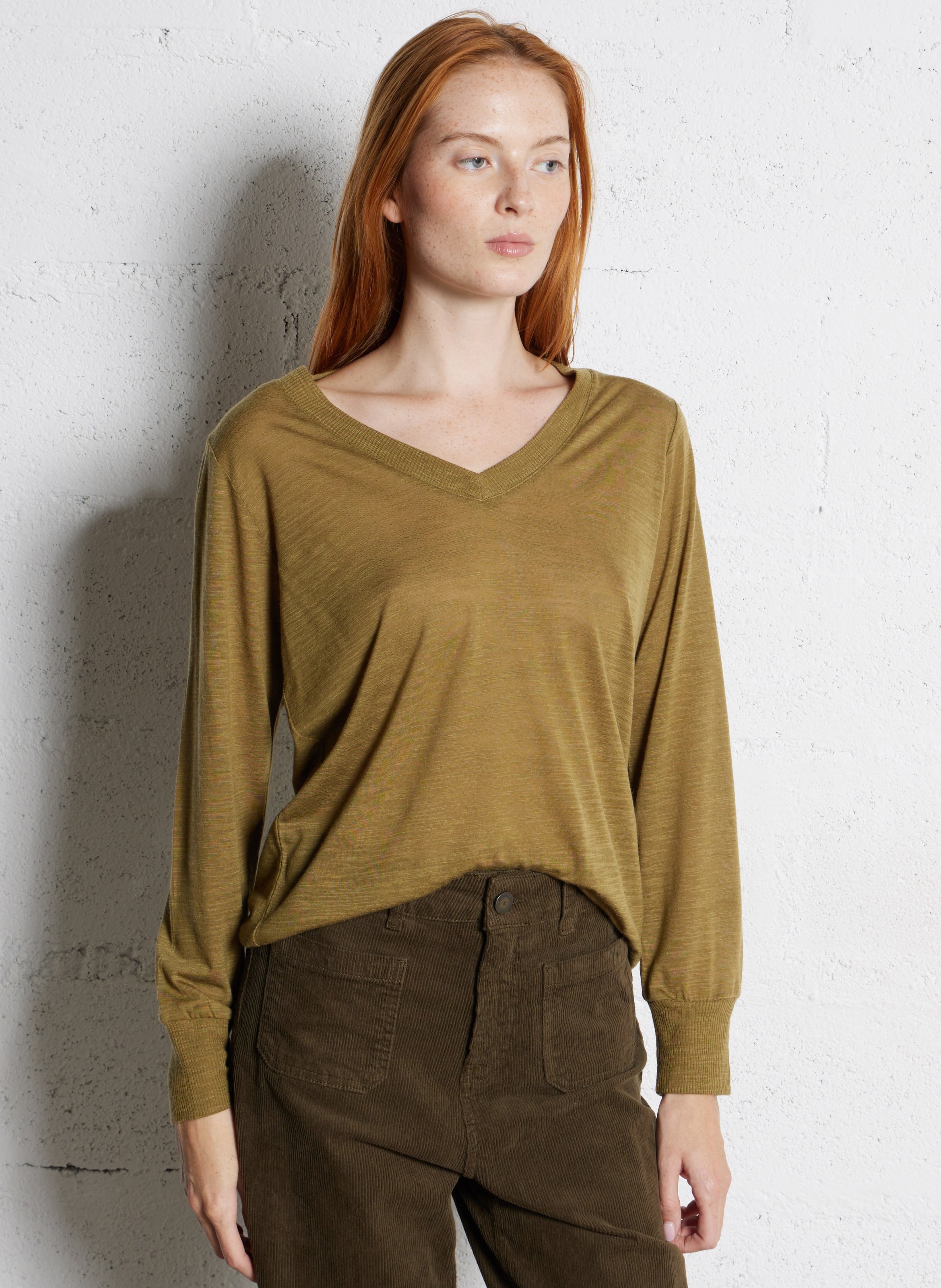 T-shirt met V-hals en lange mouwen in effen kleur BENSIMON Kaki