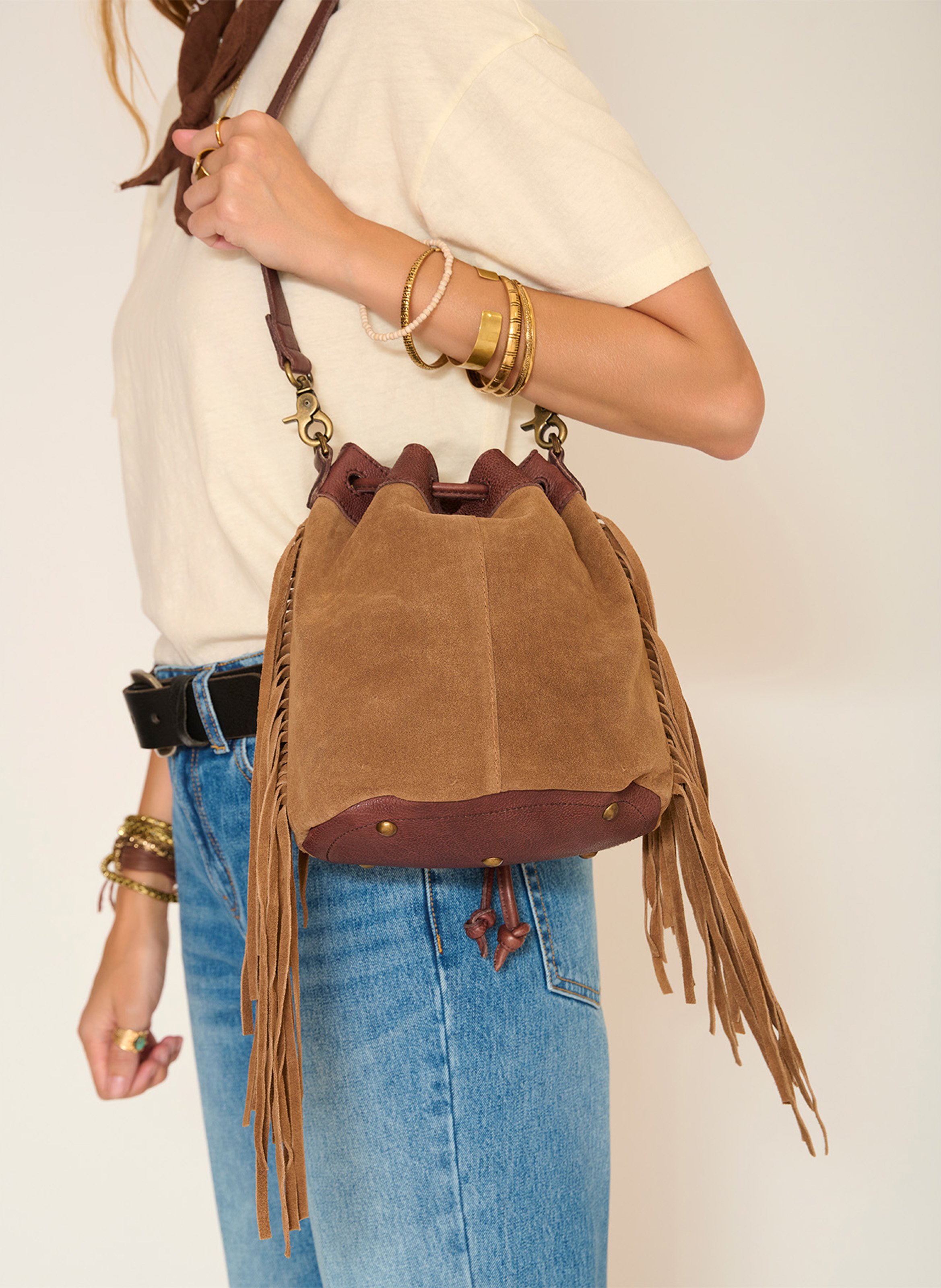 Leder-Umhängetasche mit Fransen MKT Braun