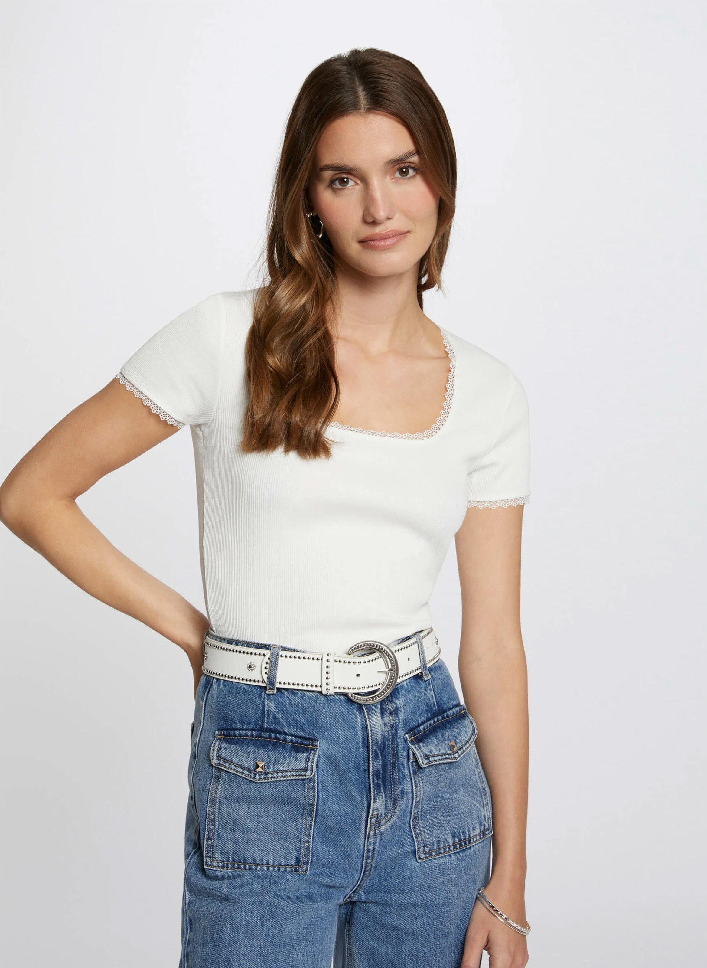 T-shirt van katoenmix met kant MORGAN Wit