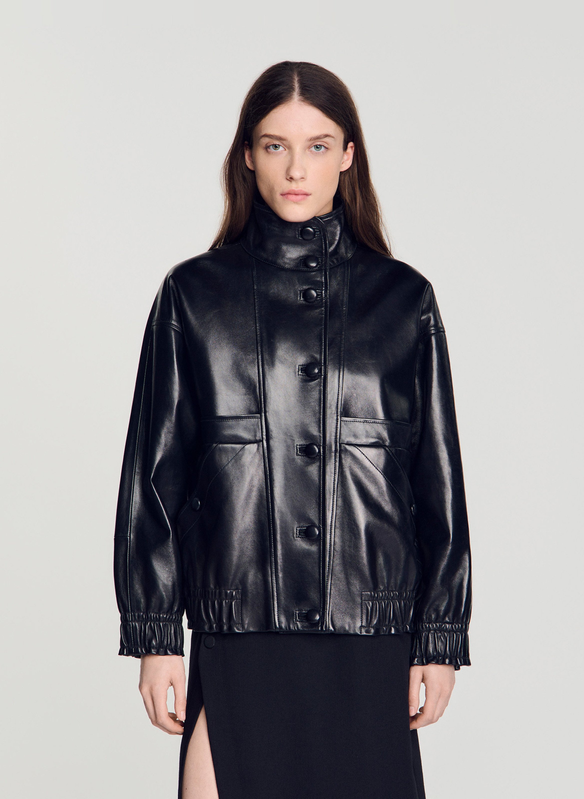 Oversized leather jacket SANDRO Black