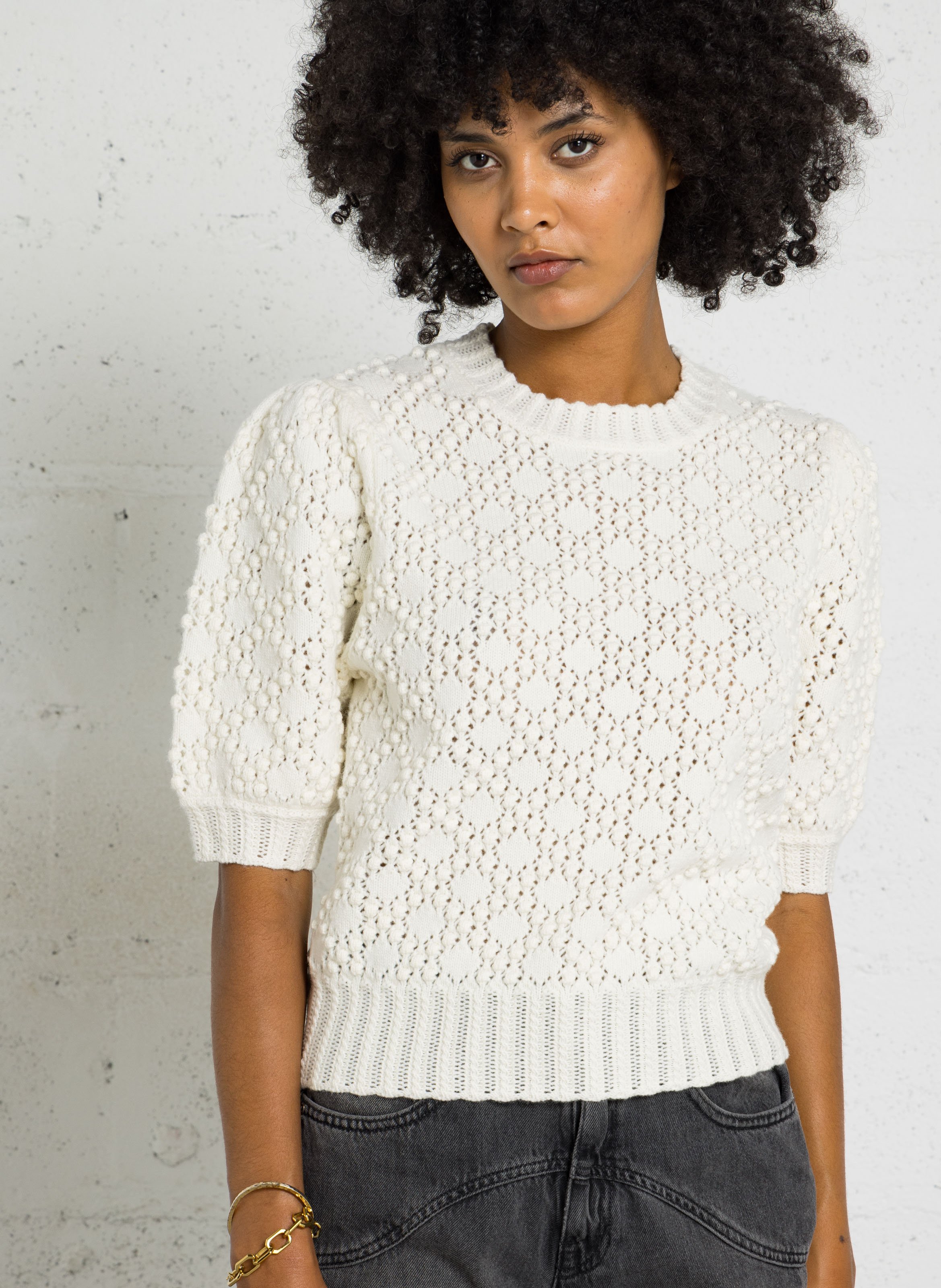 Pull droit manches courtes en laine BERENICE Blanc