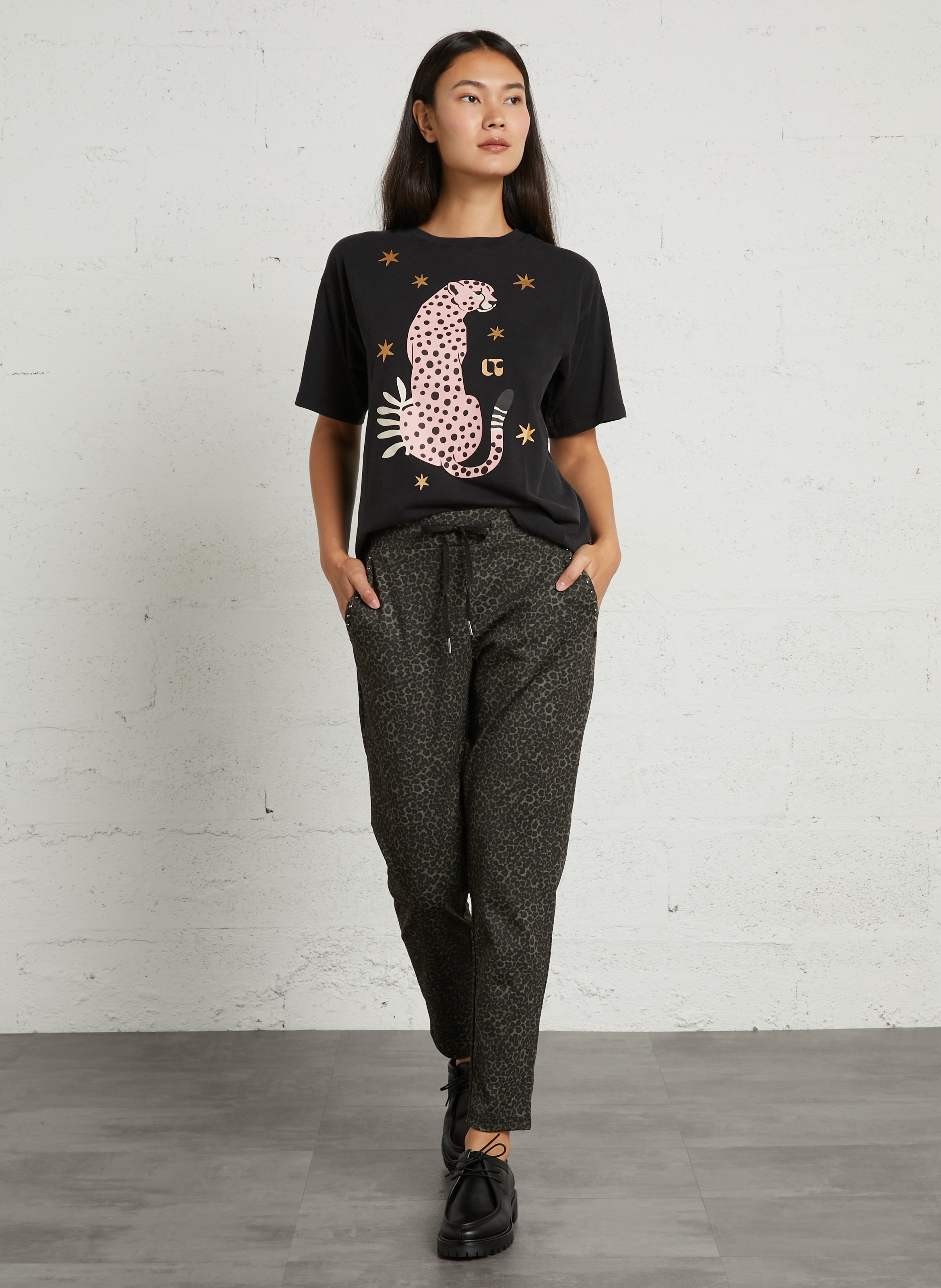 High-waisted slim leopard joggers LE TEMPS DES CERISES Green