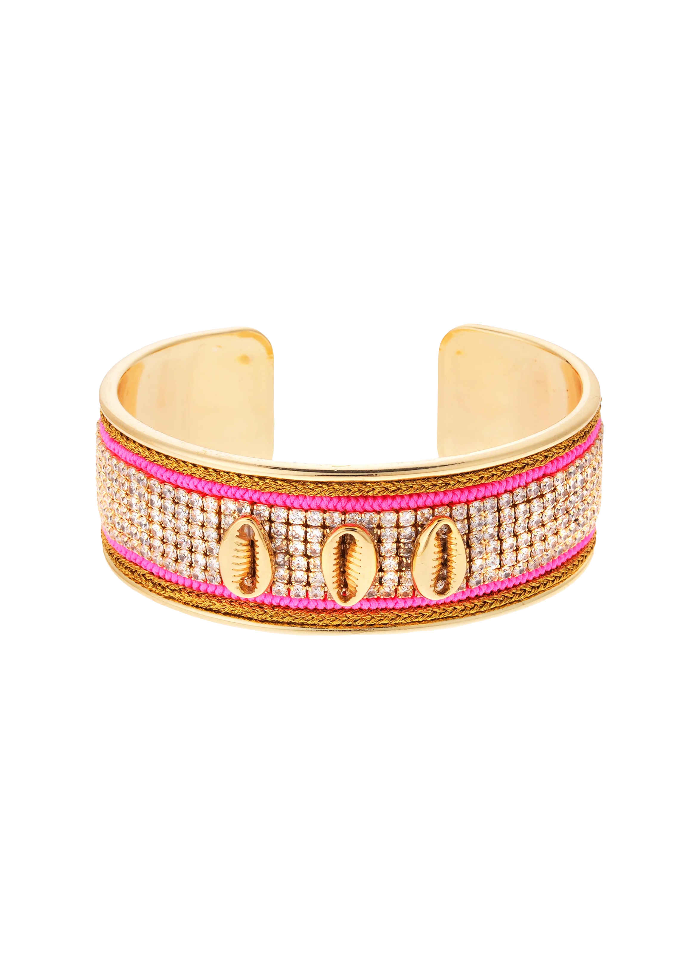 Adjustable bangle bracelet with seashells and rhinestones HIPANEMA Pink