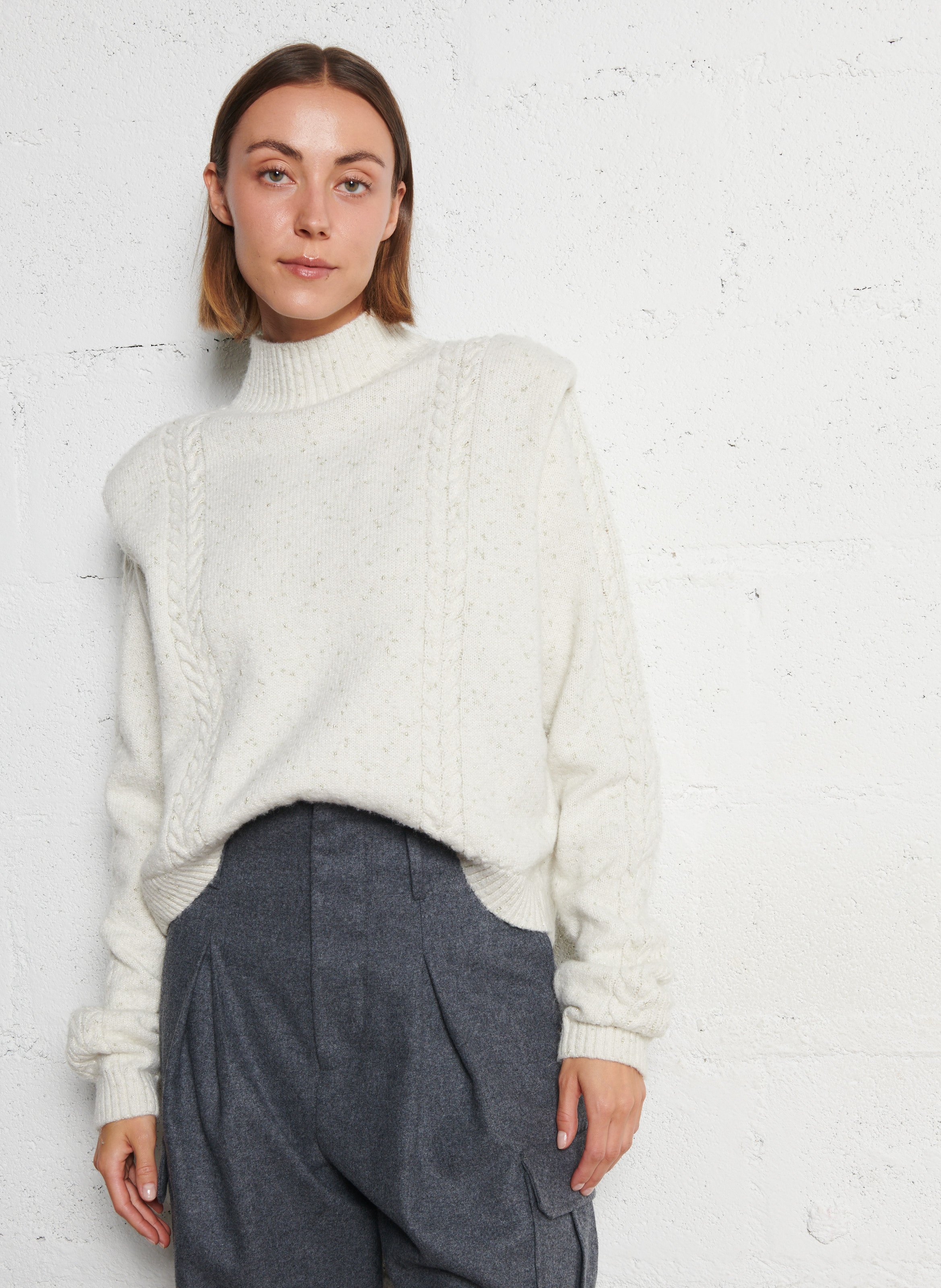 Pull court tressé à détails métallisés IKKS Blanc