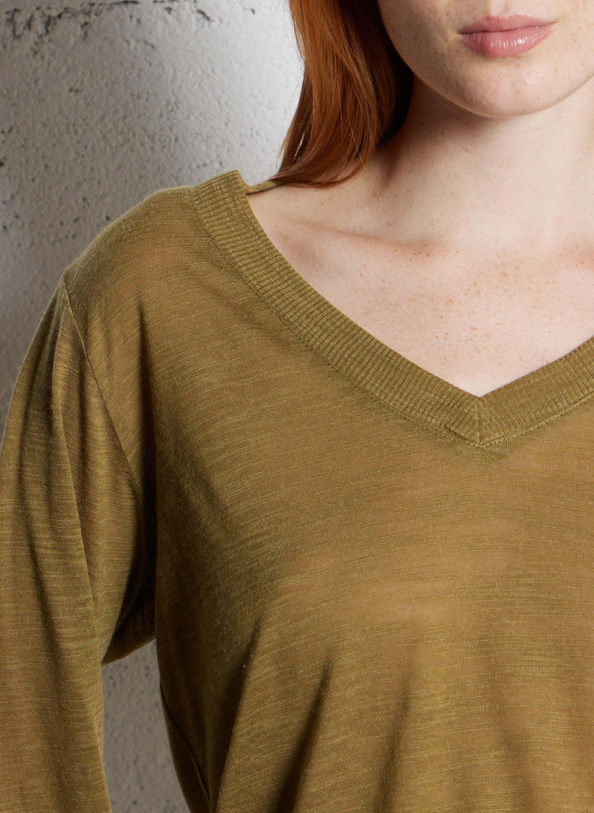 T-shirt met V-hals en lange mouwen in effen kleur BENSIMON Kaki