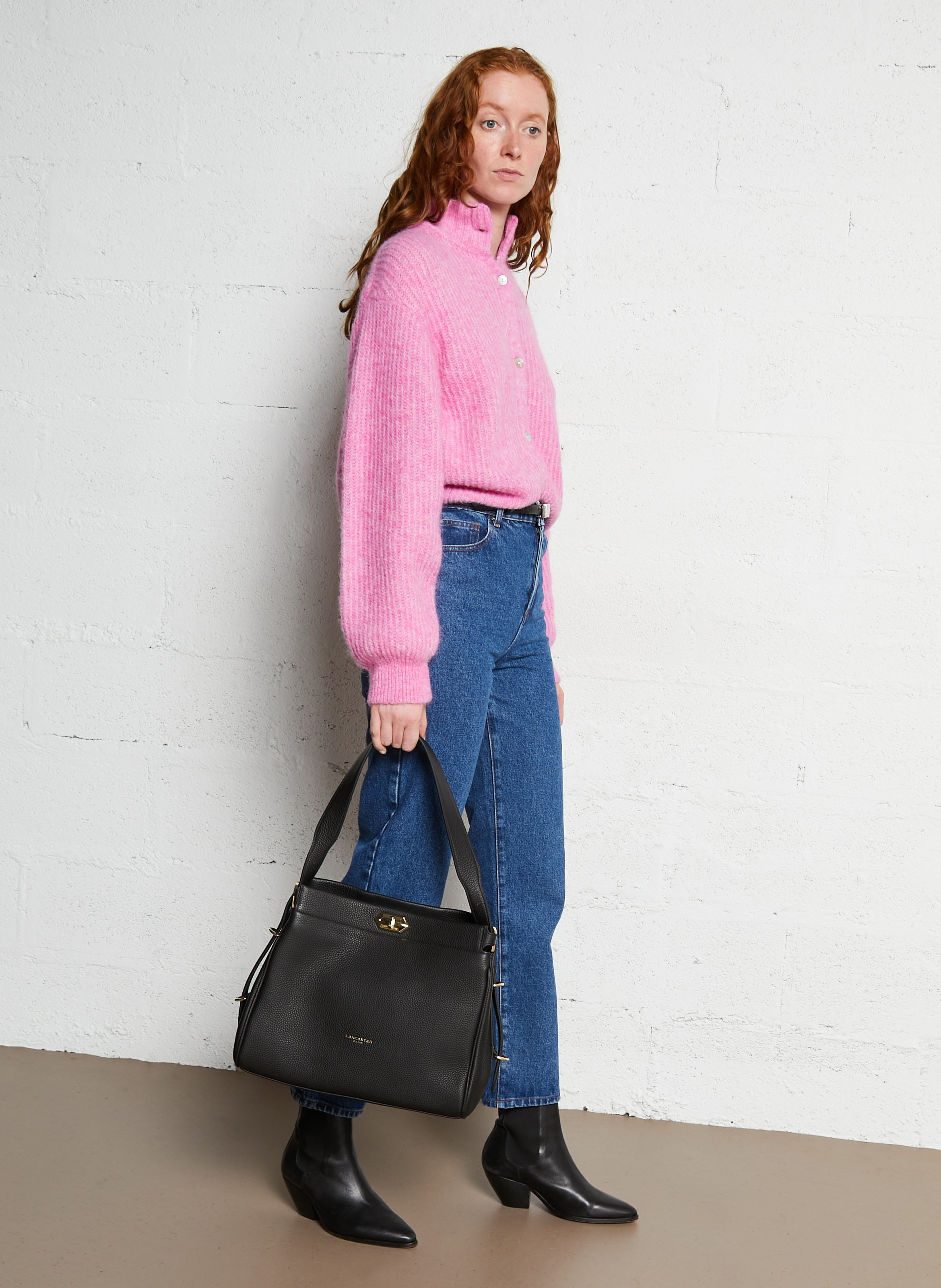 Hobo bag with grained leather clasp LANCASTER PARIS Black