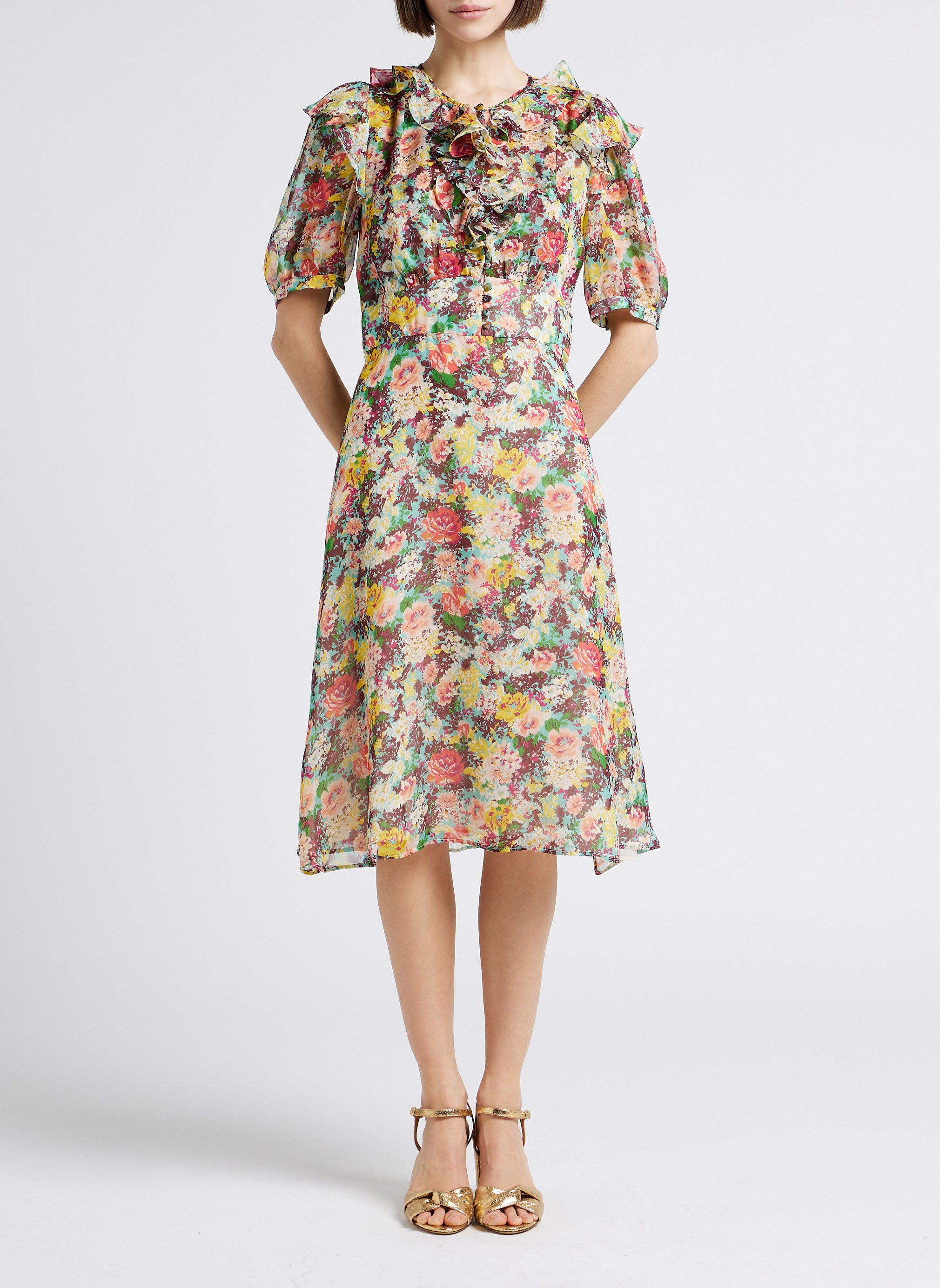 Robe midi col rond imprimée en soie PAUL AND JOE Bleu