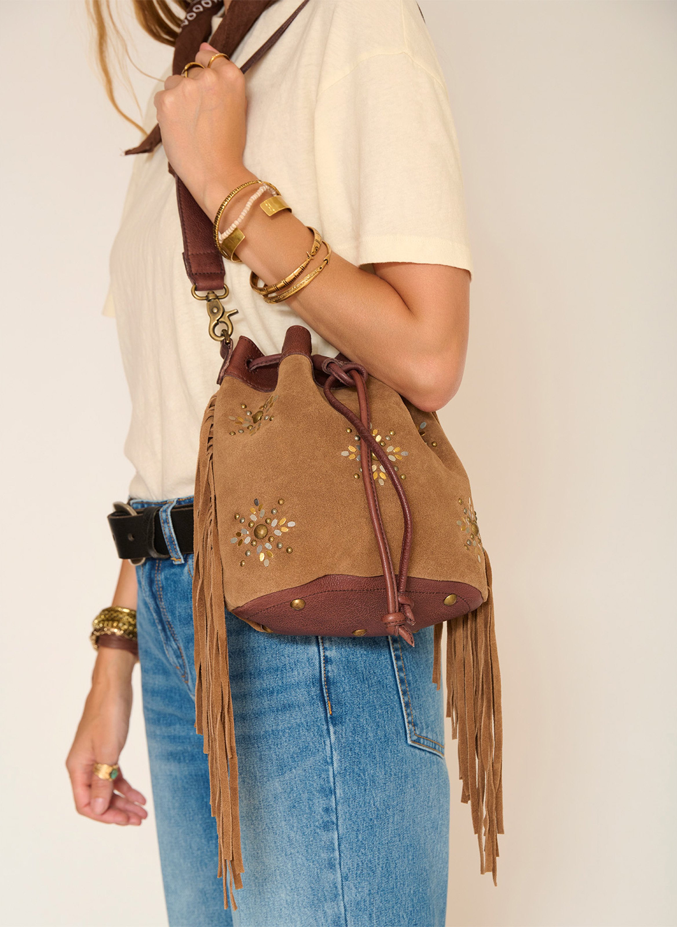 Leder-Umhängetasche mit Fransen MKT Braun