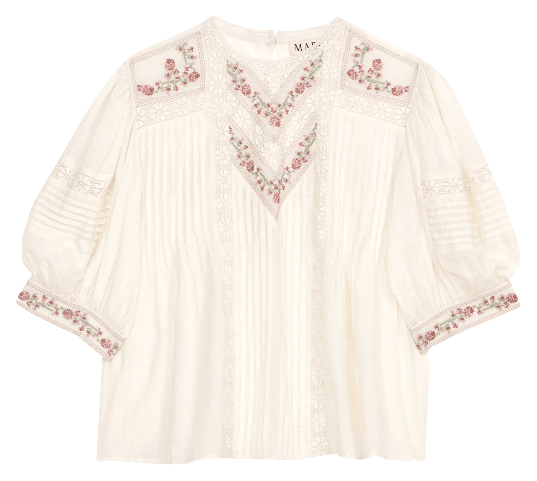 Blusa recta de cuello redondo en algodón bordado. M.A.B.E Blanco