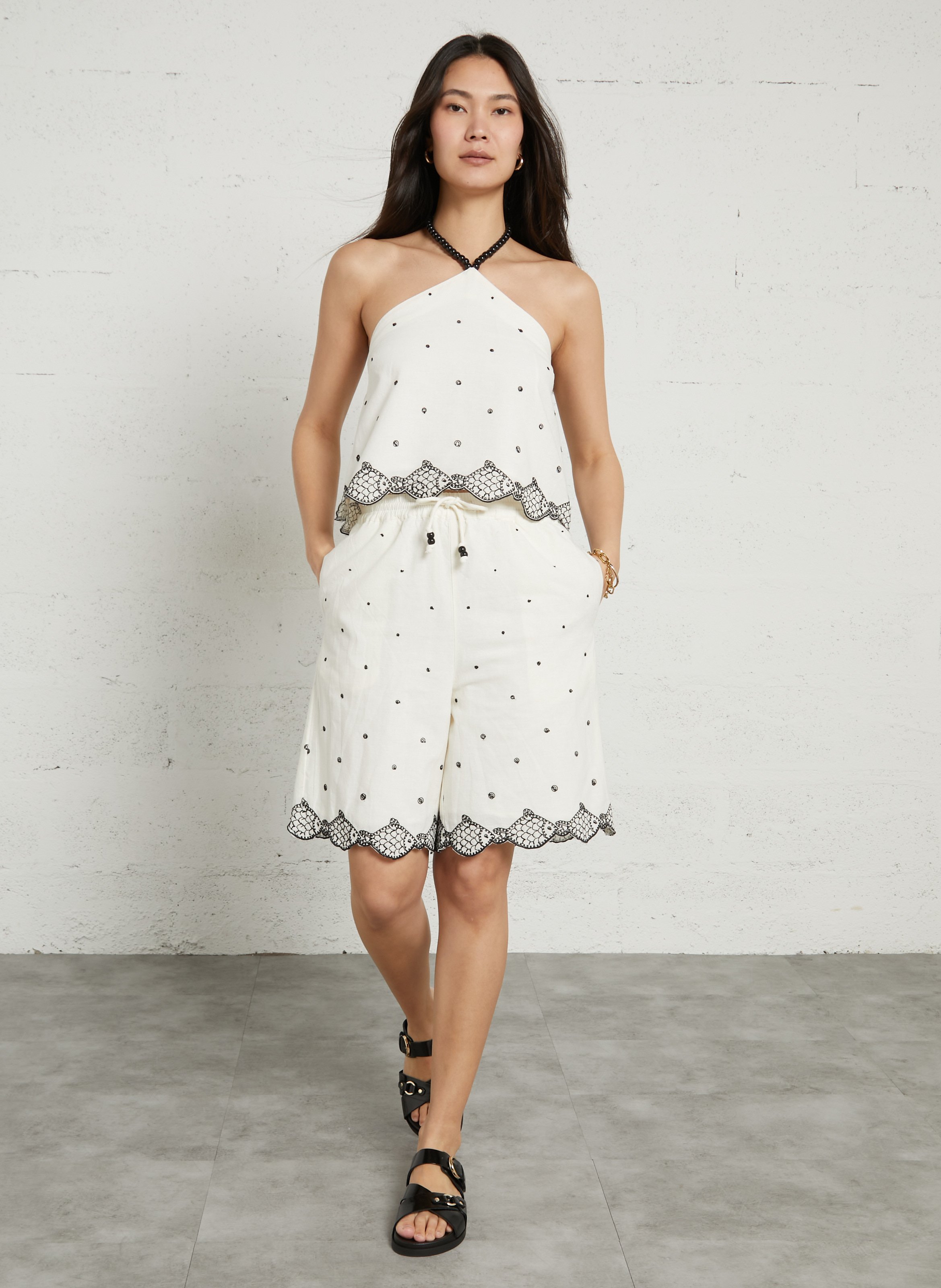 Embroidered cotton blend crop top FABIENNE CHAPOT Black