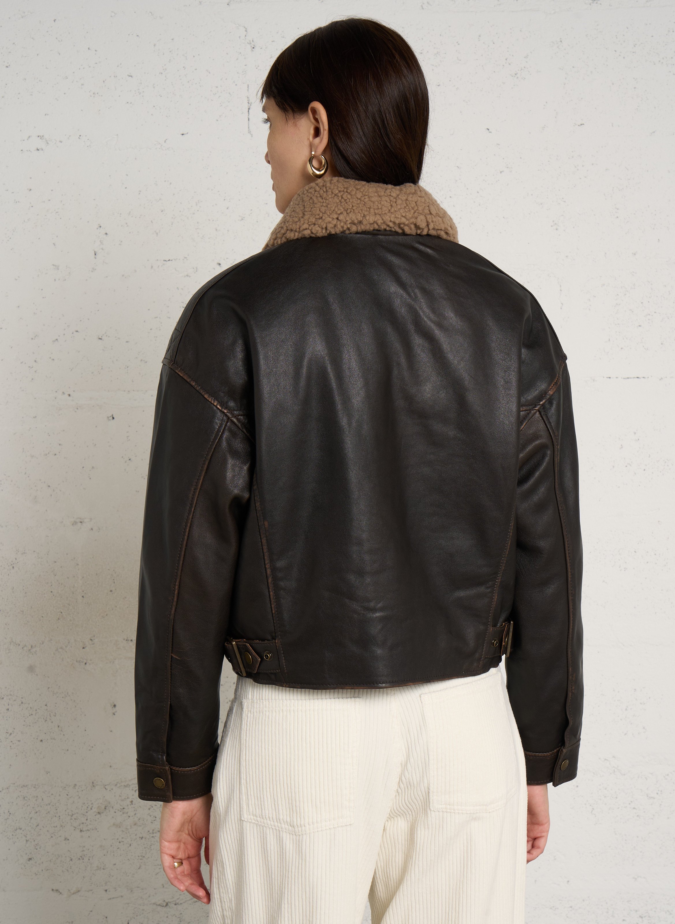Blouson droit uni en cuir SCHOTT Marron