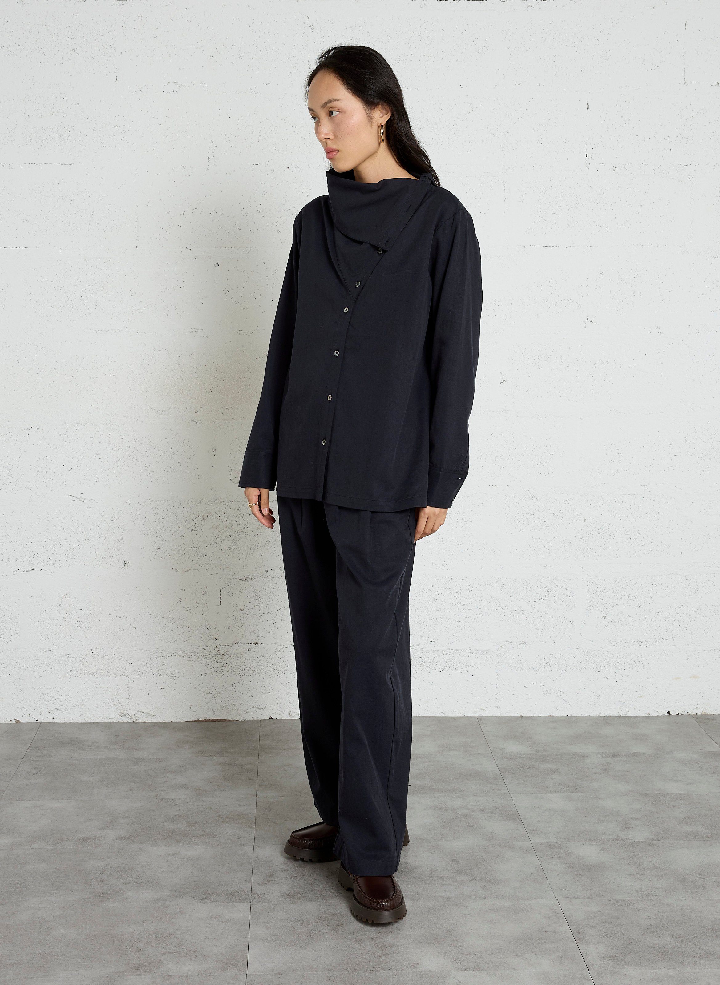Loose-fitting asymmetrical collar shirt in blended cotton RUE DE TOKYO Blue