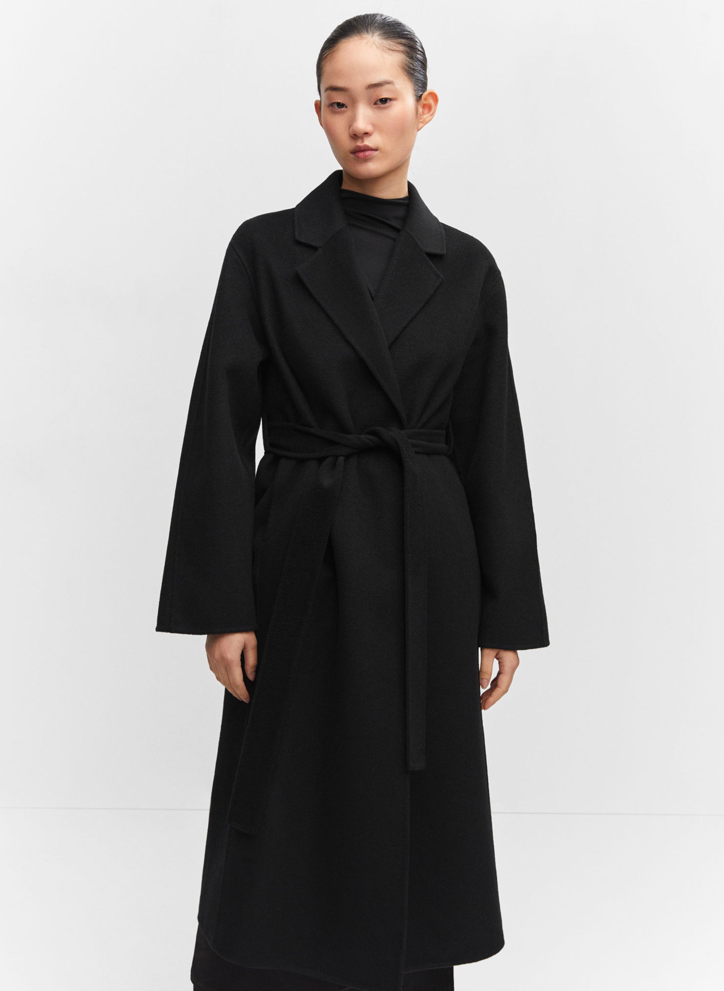 Manteau long col tailleur en laine m lang e Noir