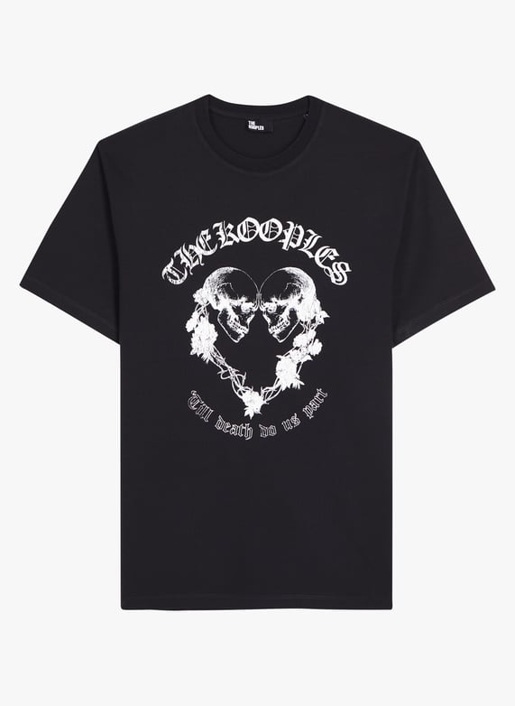 Tee-Shirt col rond droit en coton sérigraphié Noir The kooples