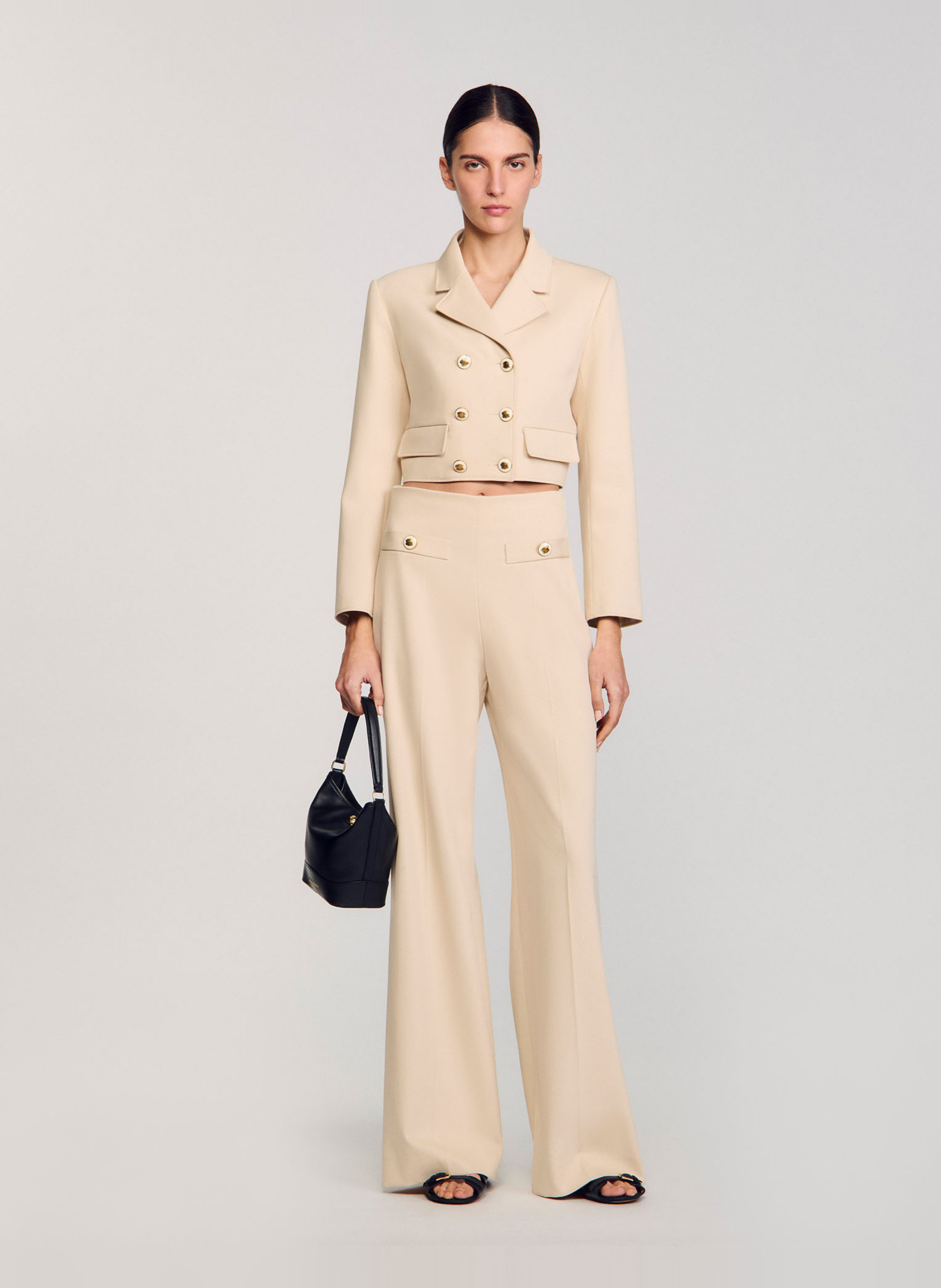 Kleine schoudertas van leer met trekkoord SANDRO Zwart