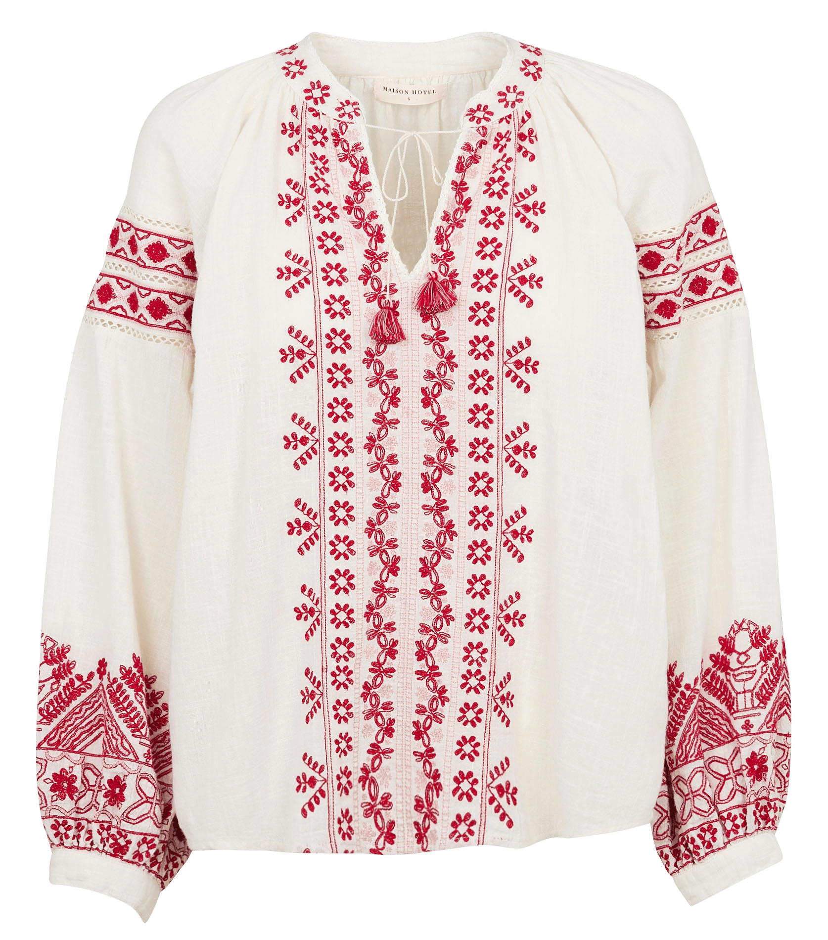 Ruime blouse met V-hals en borduursels MAISON HOTEL Rood