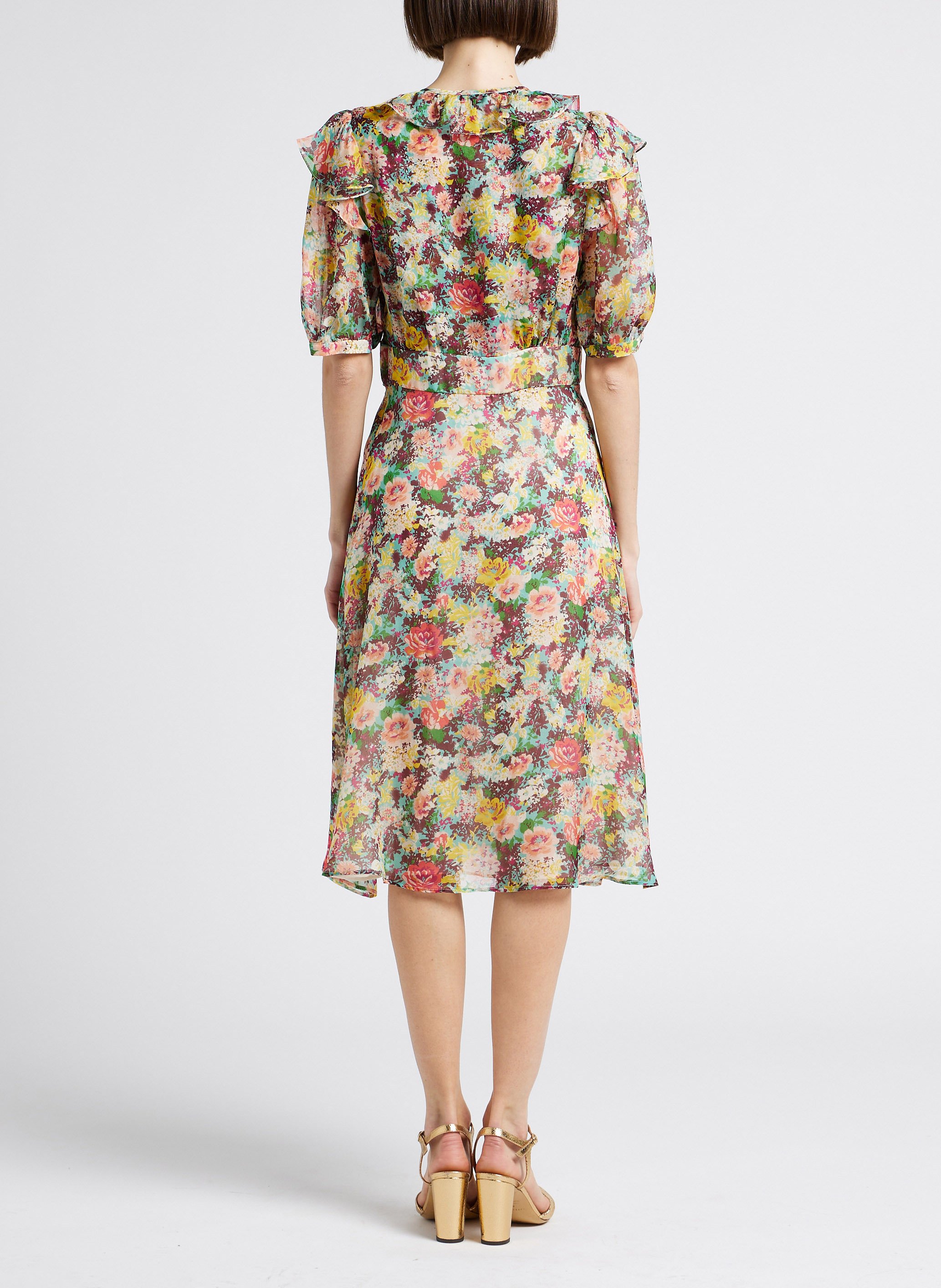 Robe midi col rond imprimée en soie PAUL AND JOE Bleu