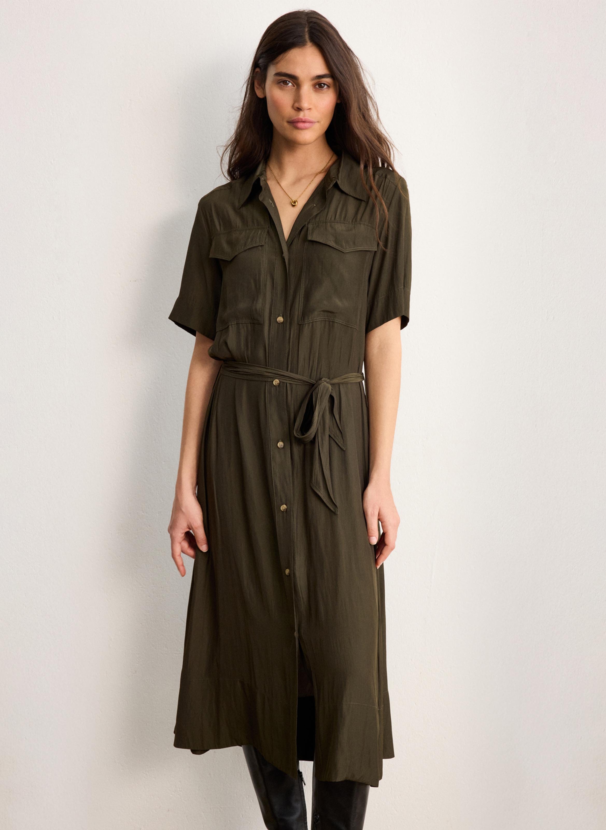Mittellanges, fließendes Hemdblusenkleid in Uni PABLO Grun