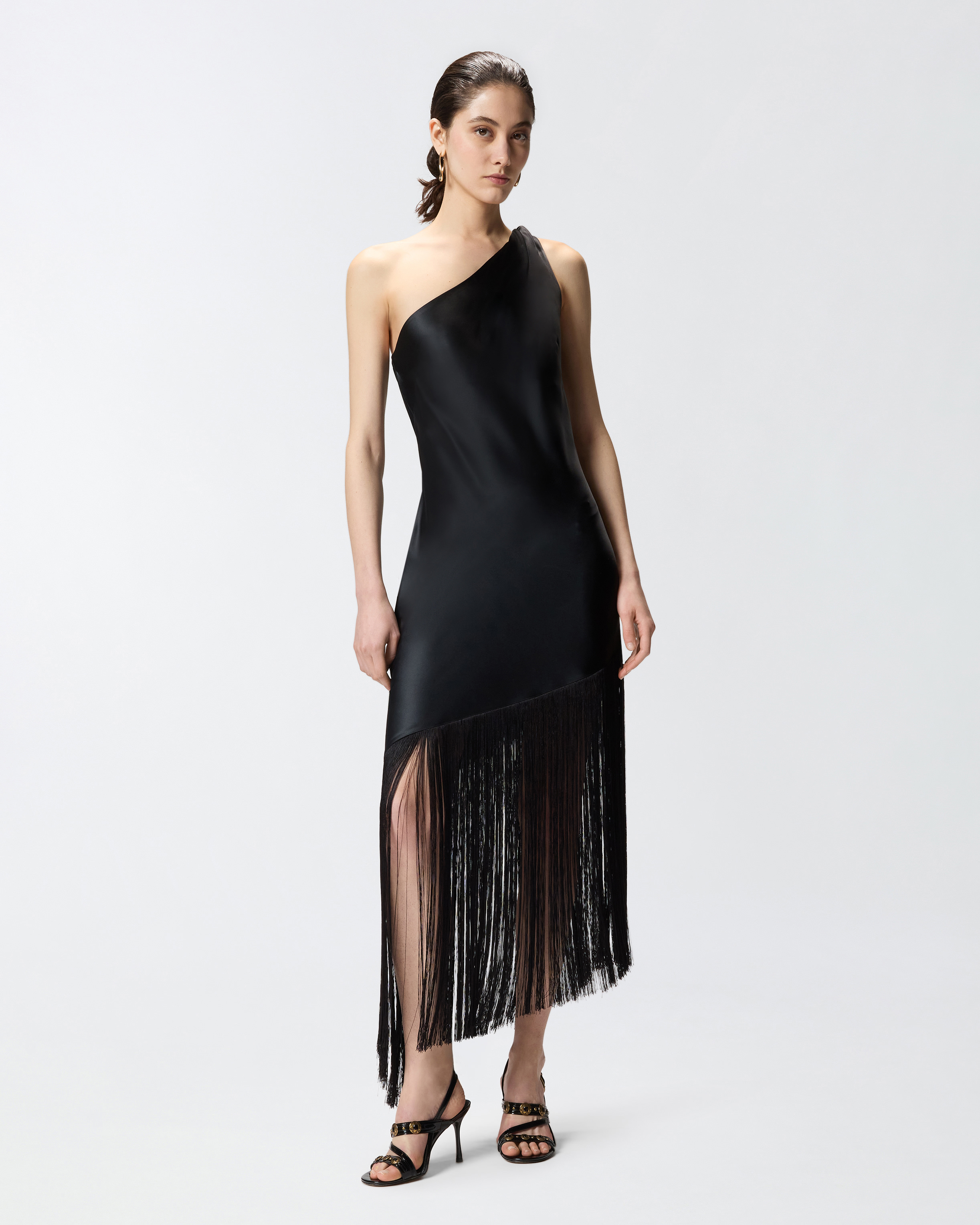 Robe courte asymétrique en satin à franges PINKO Noir