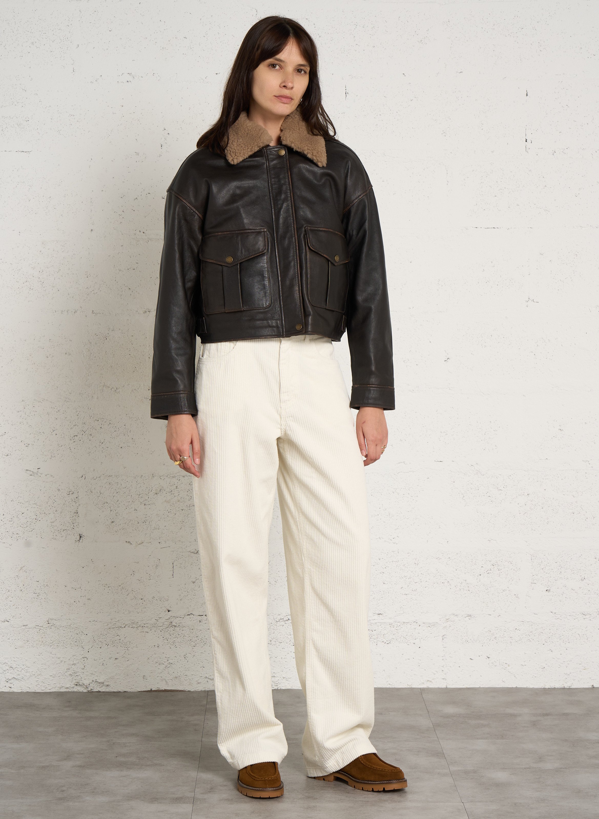 Blouson droit uni en cuir SCHOTT Marron