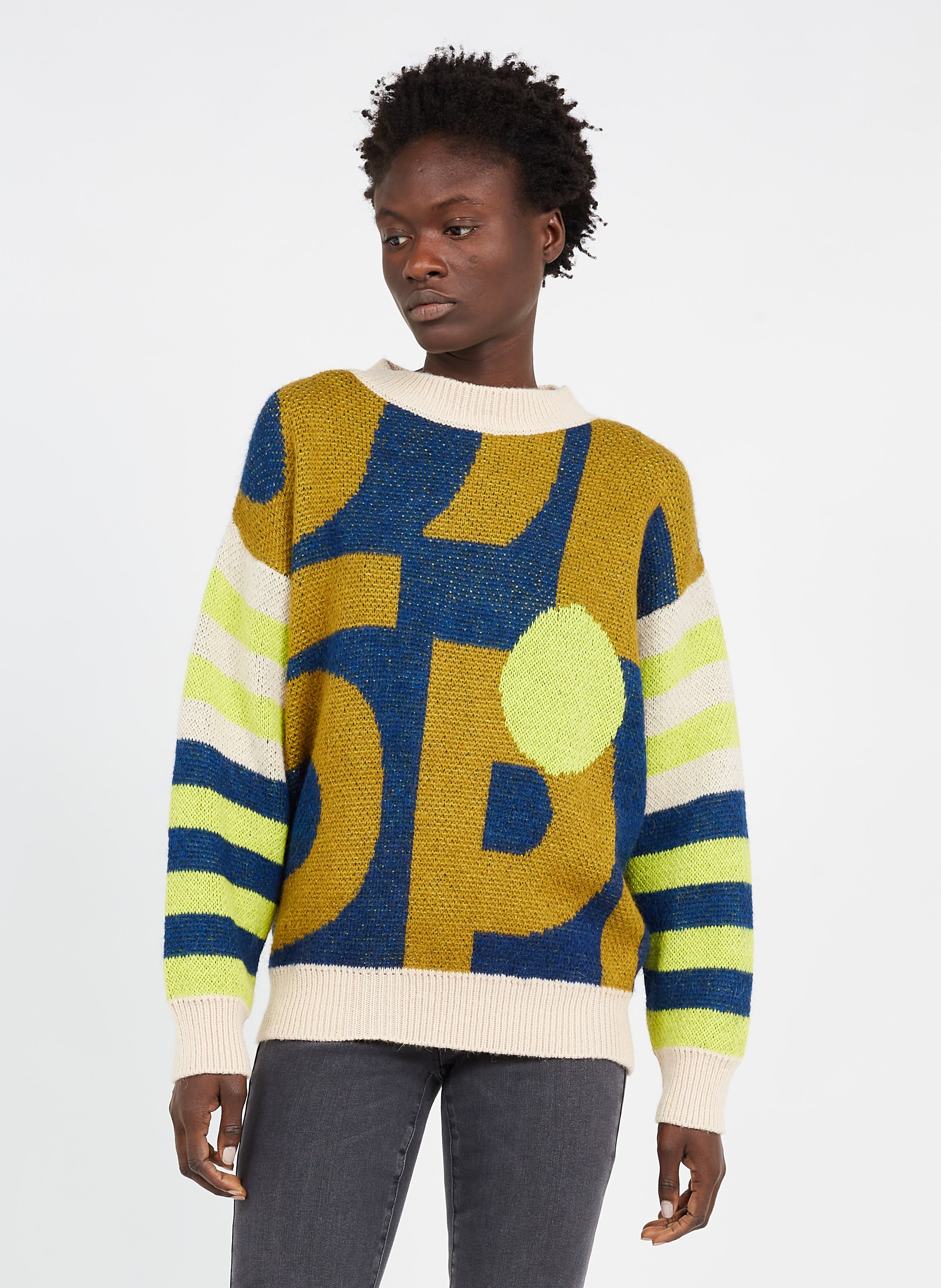 Round-neck Mixed-knit Jacquard Sweater 