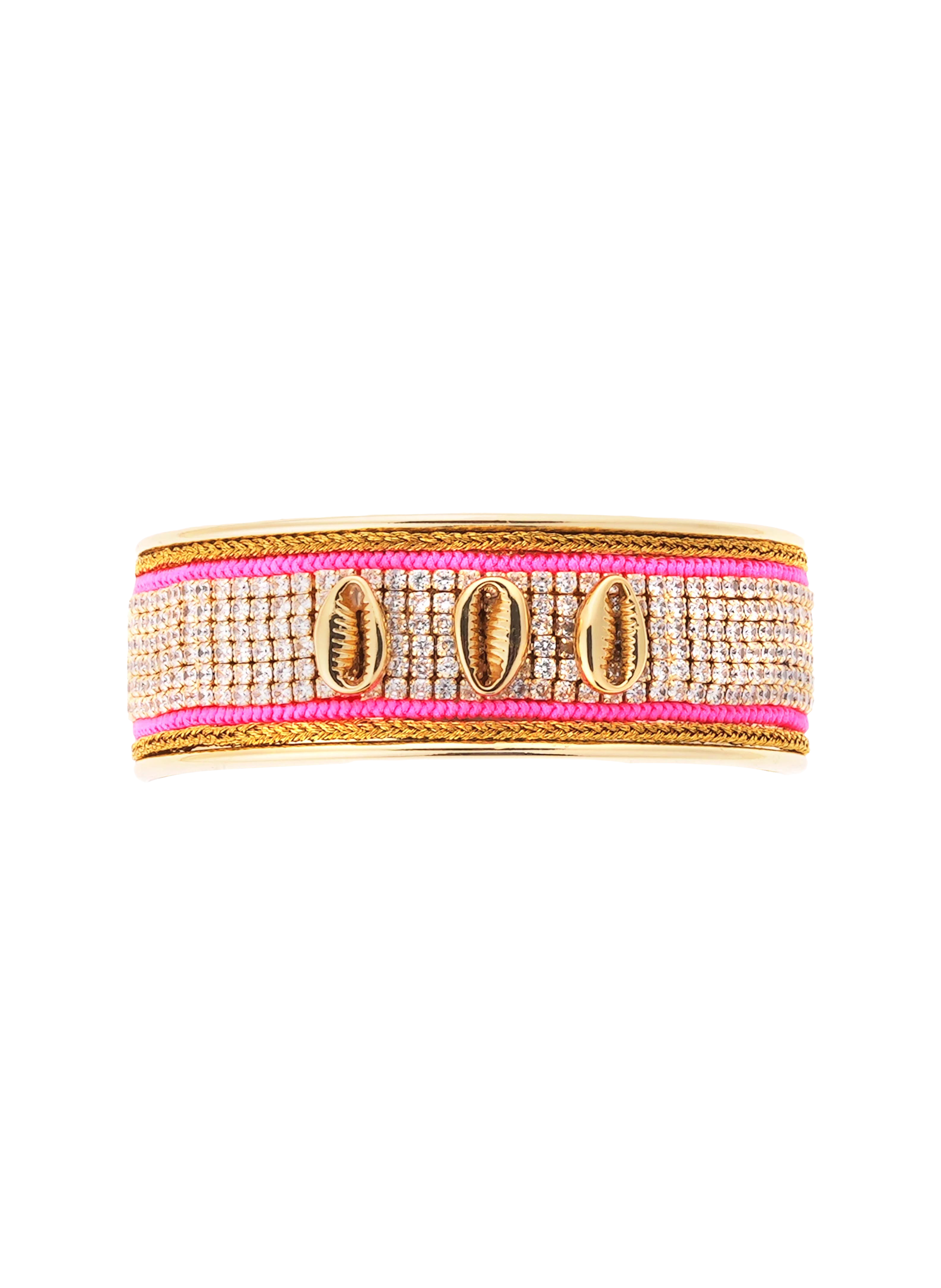 Adjustable bangle bracelet with seashells and rhinestones HIPANEMA Pink