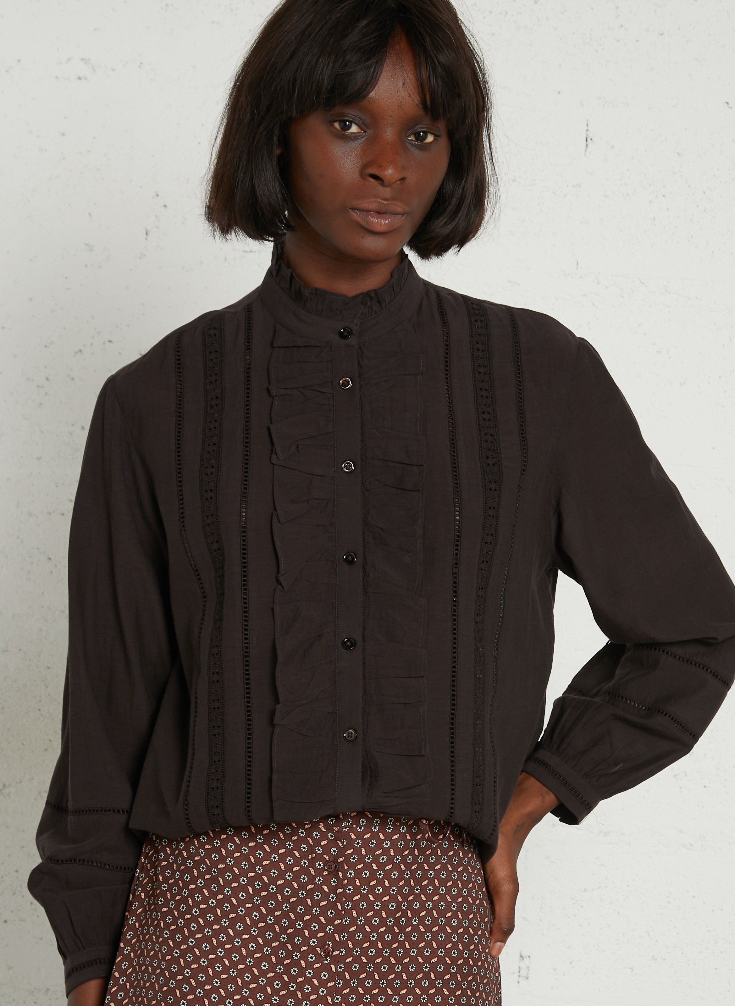 Blouse brodée à volants en coton mélangé  DES PETITS HAUTS Marron