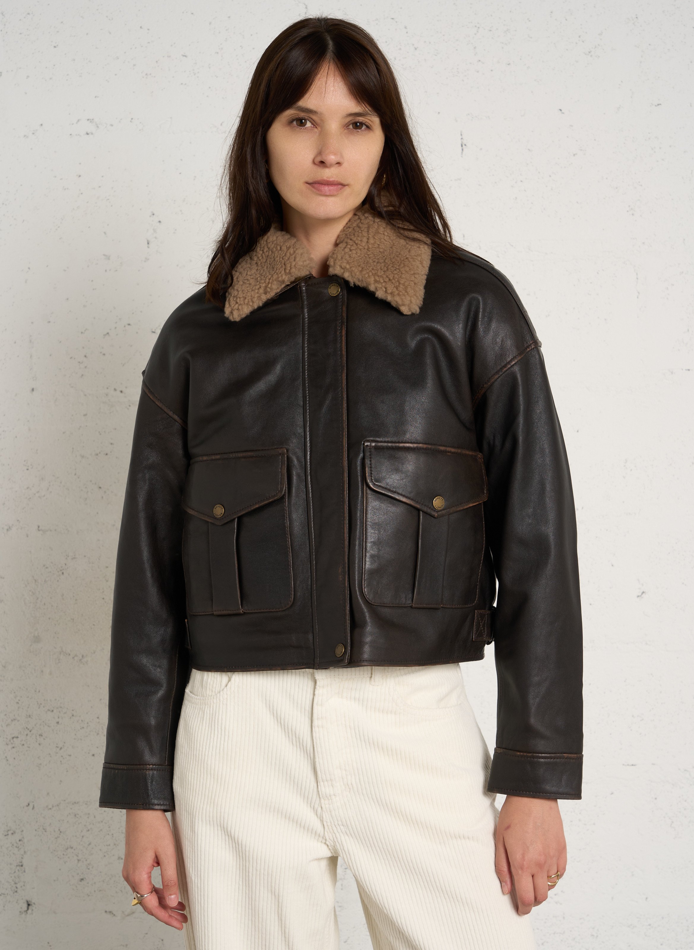 Blouson droit uni en cuir SCHOTT Marron