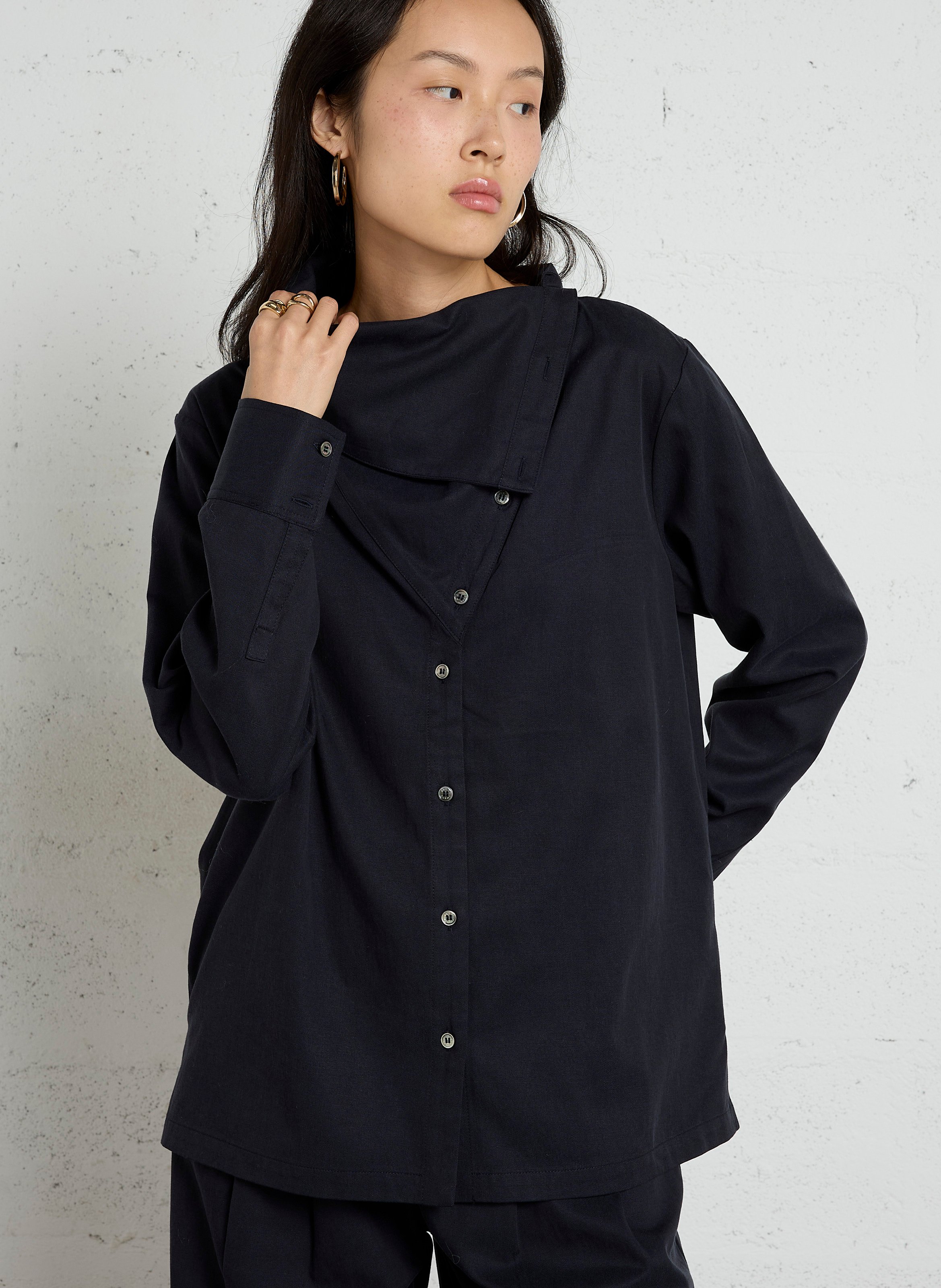 Loose-fitting asymmetrical collar shirt in blended cotton RUE DE TOKYO Blue