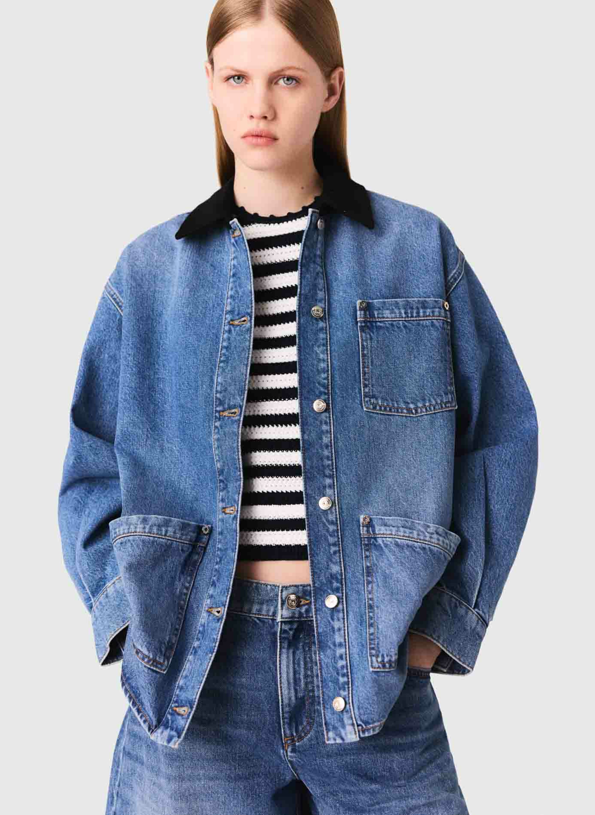 Blouson col rond en denim de coton MAJE Bleu