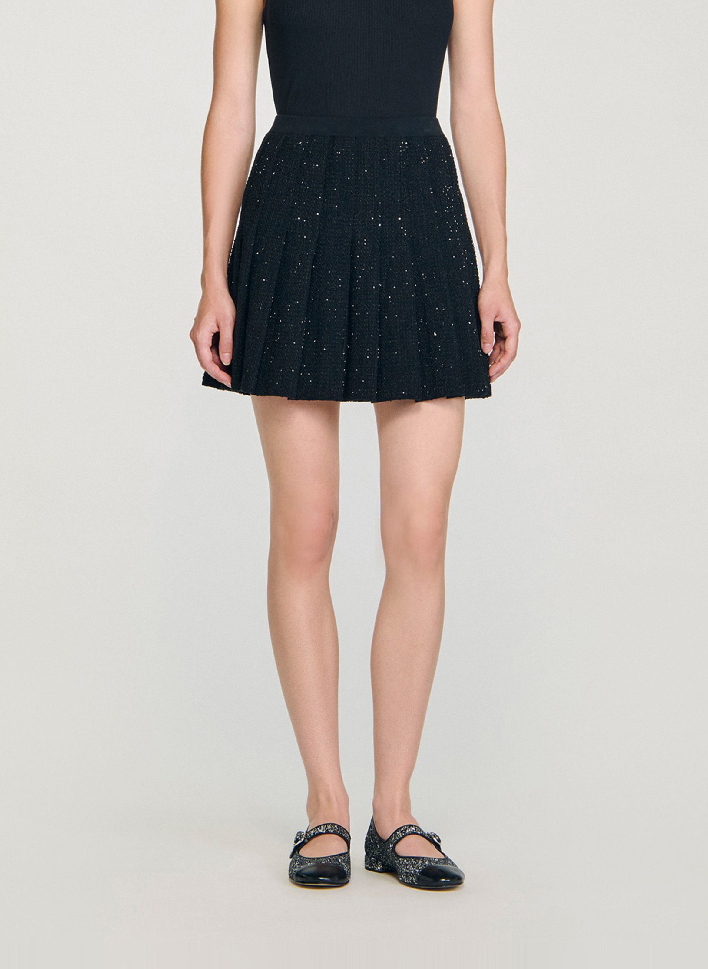 Short pleated tweed skirt with sequins SANDRO Black