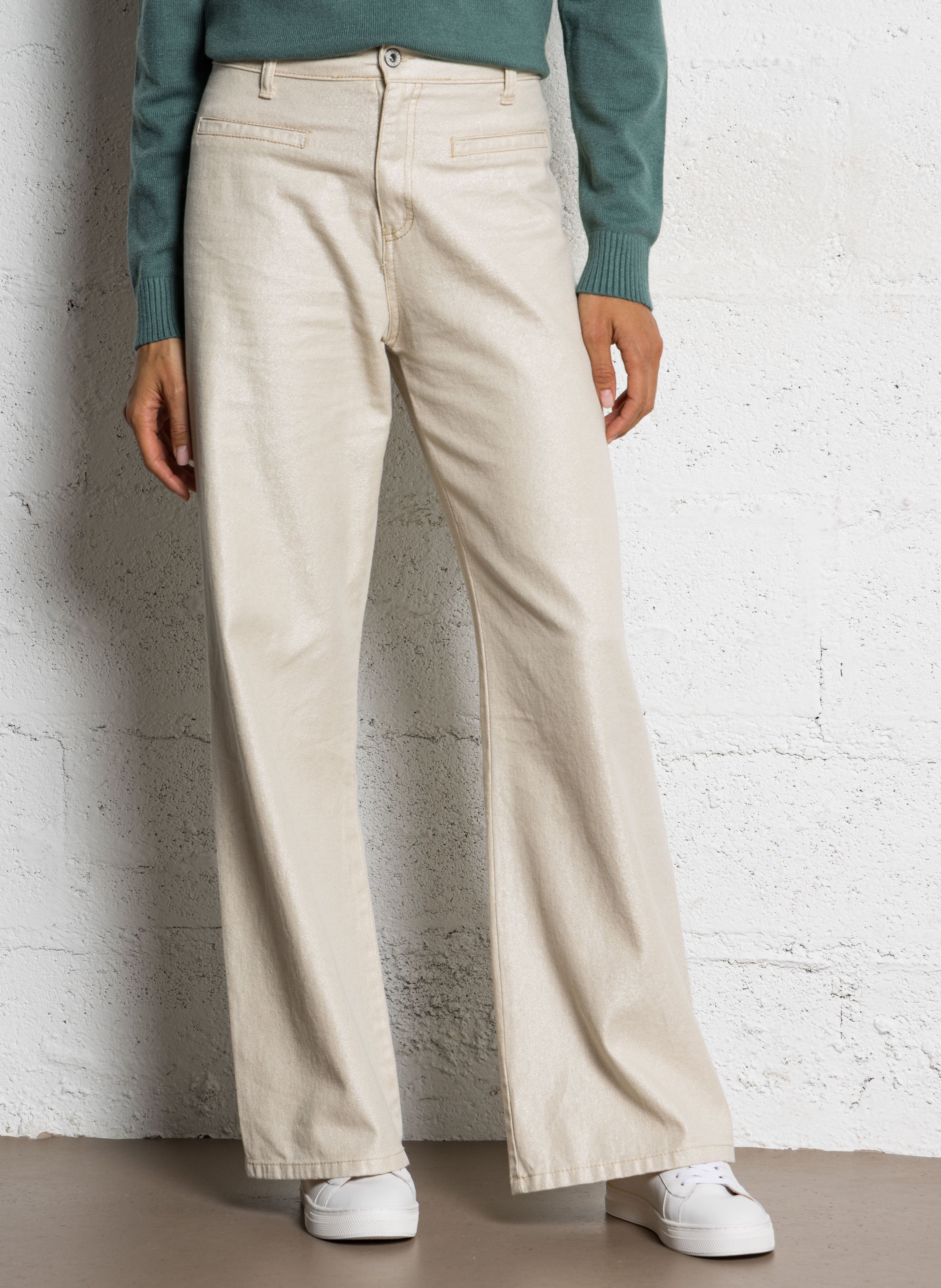 Jean large pailleté à poches PLEASE Beige