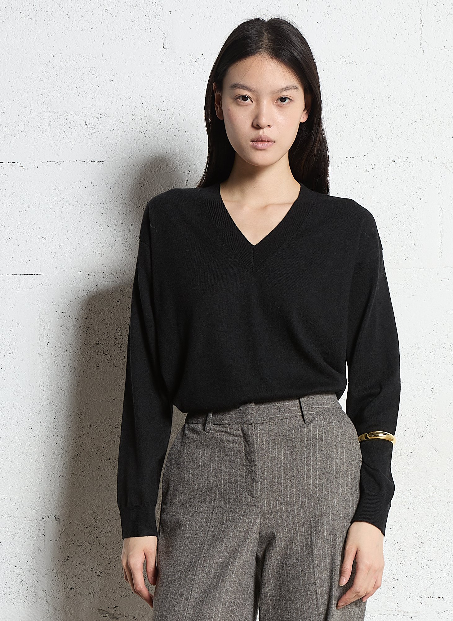 Pull droit col V en maille mélangée MAISON 123 Noir