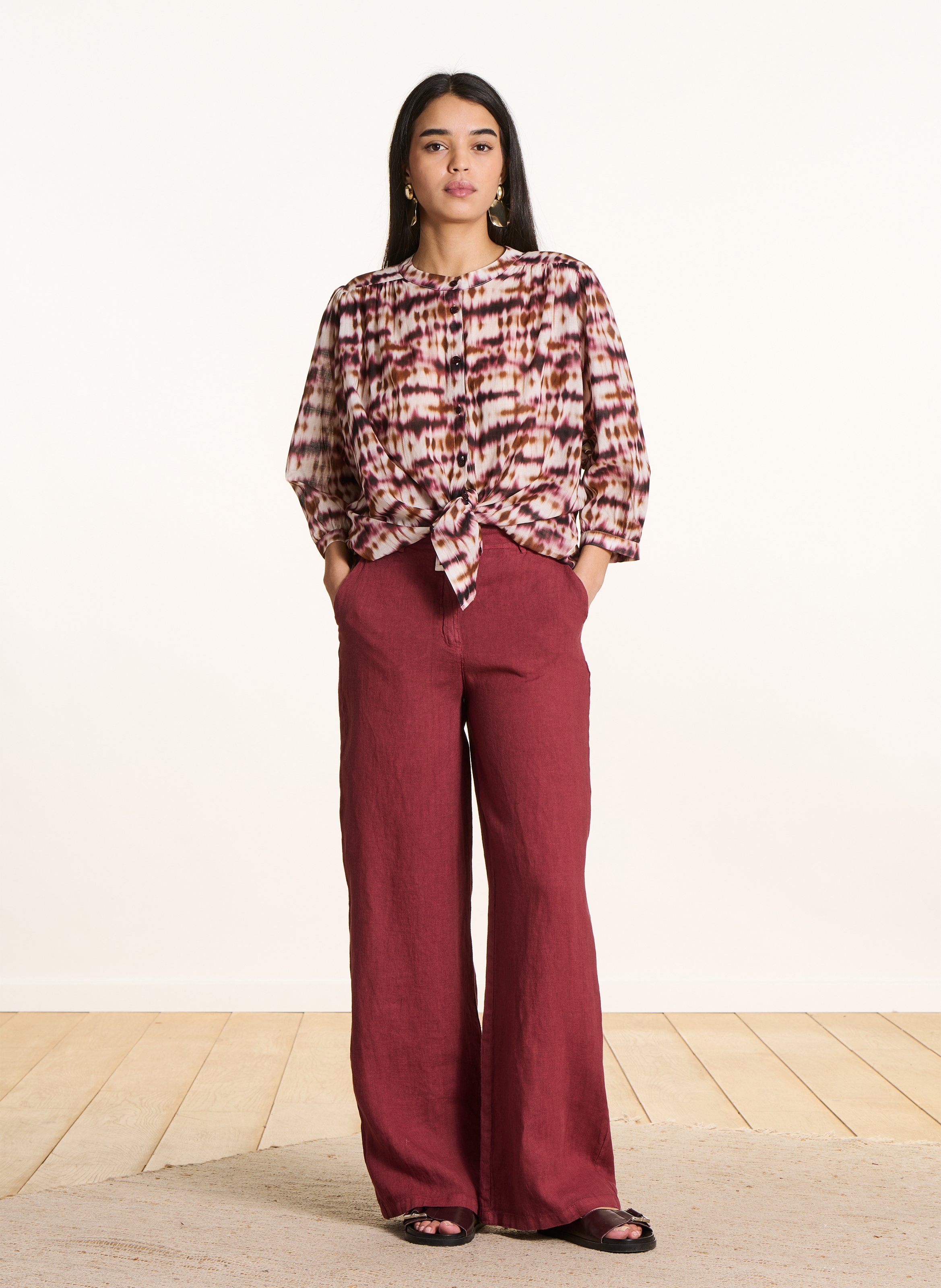 Pantalon large en lin LA FEE MARABOUTEE Marron