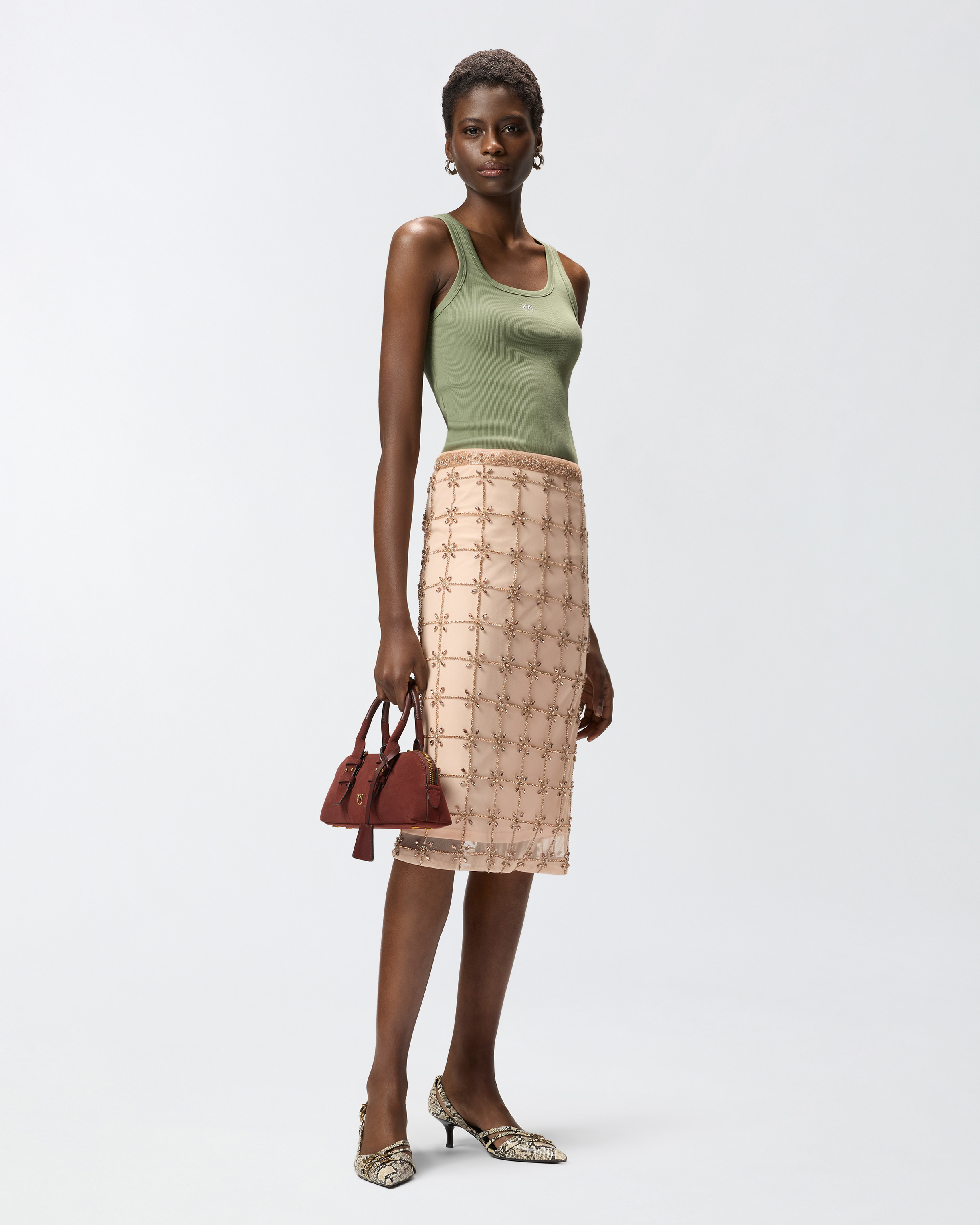 Tank top with golden love birds appliqué PINKO Green