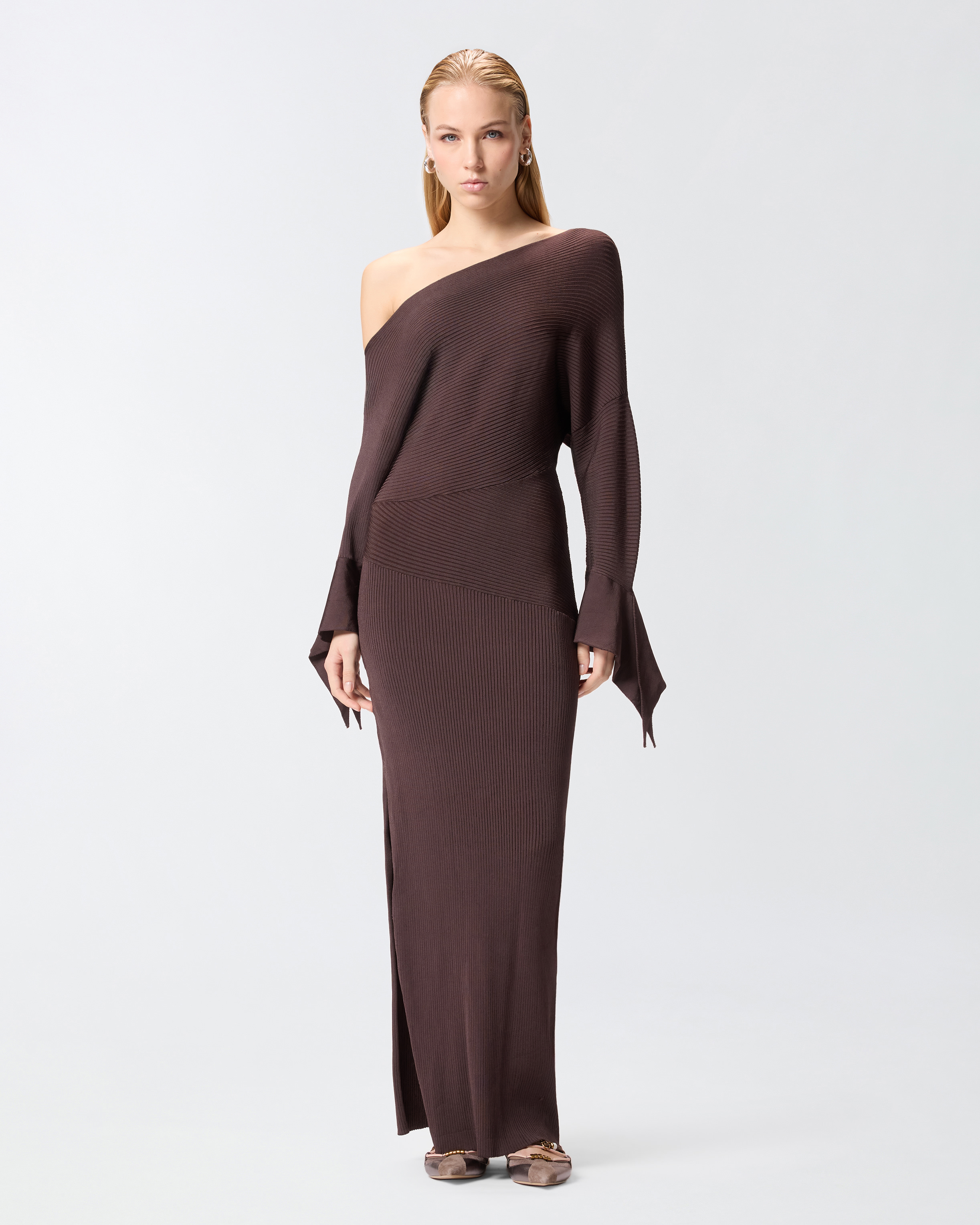 Robe longue côtelée à col asymétrique PINKO Marron