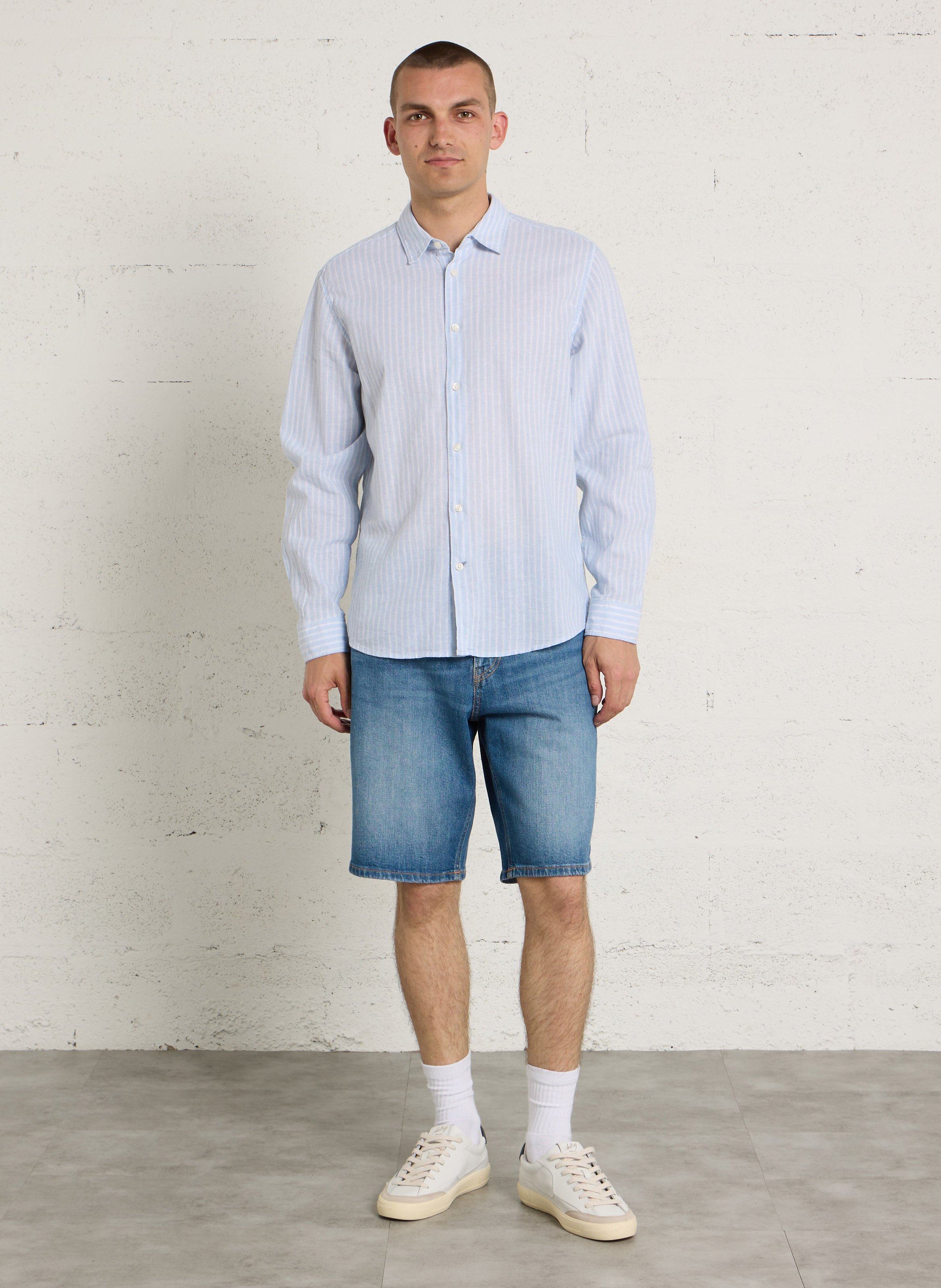 Regular-fit shirt with classic striped collar in linen and cotton PEPE JEANS Blue