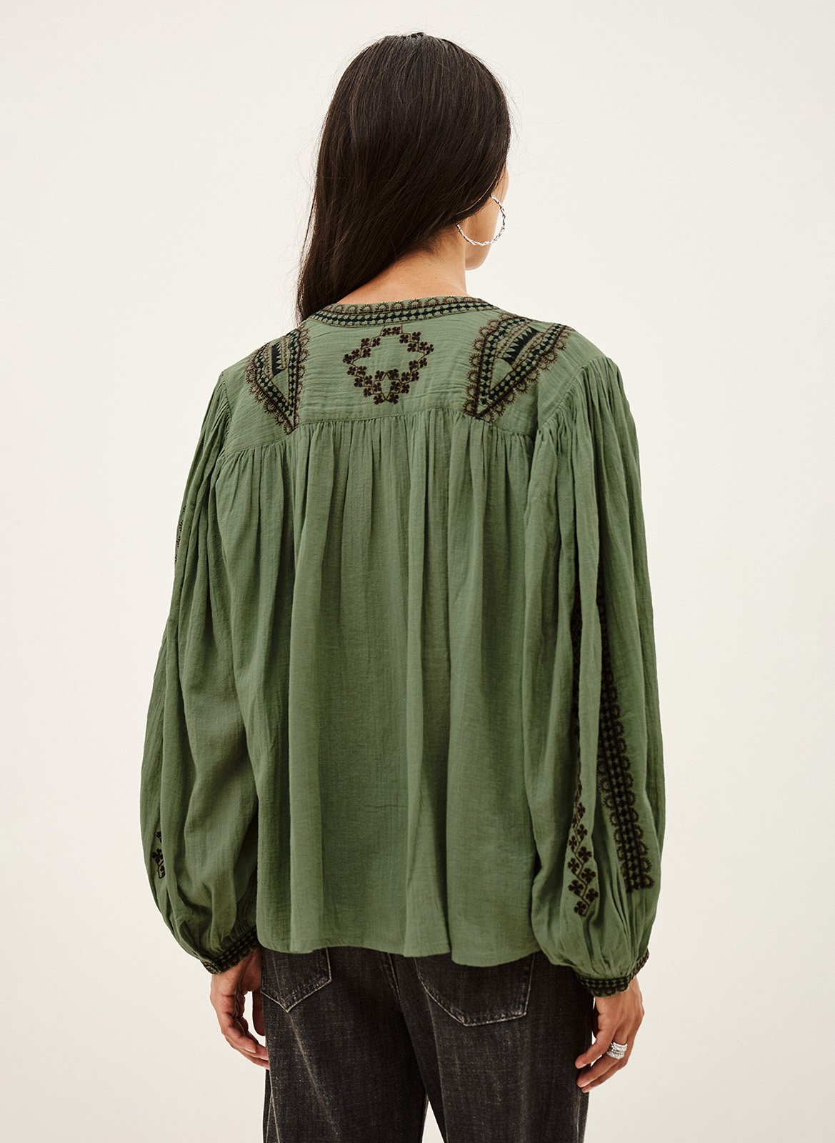 Oversized round neck embroidered cotton blouse BA&SH Green