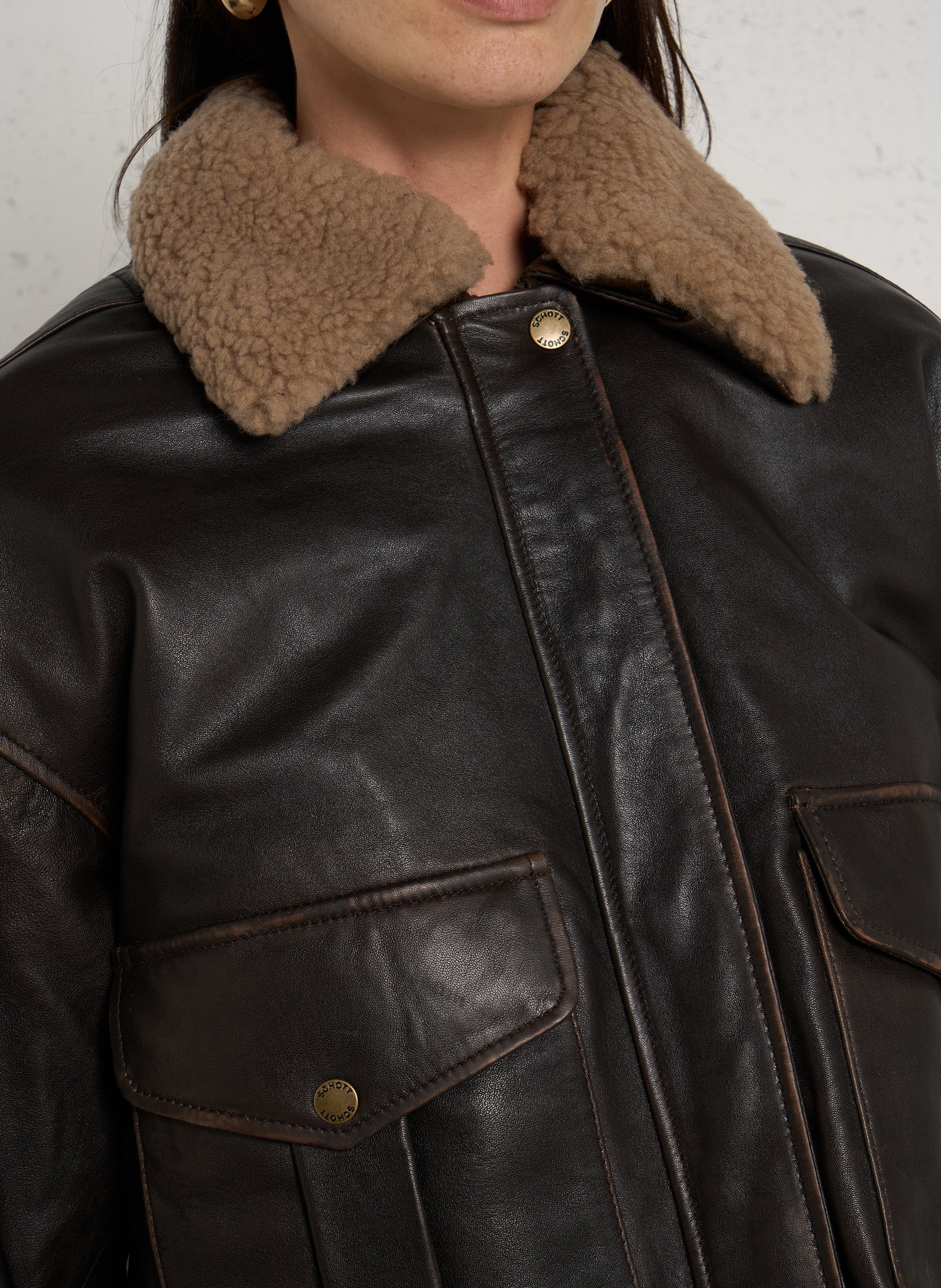Blouson droit uni en cuir SCHOTT Marron