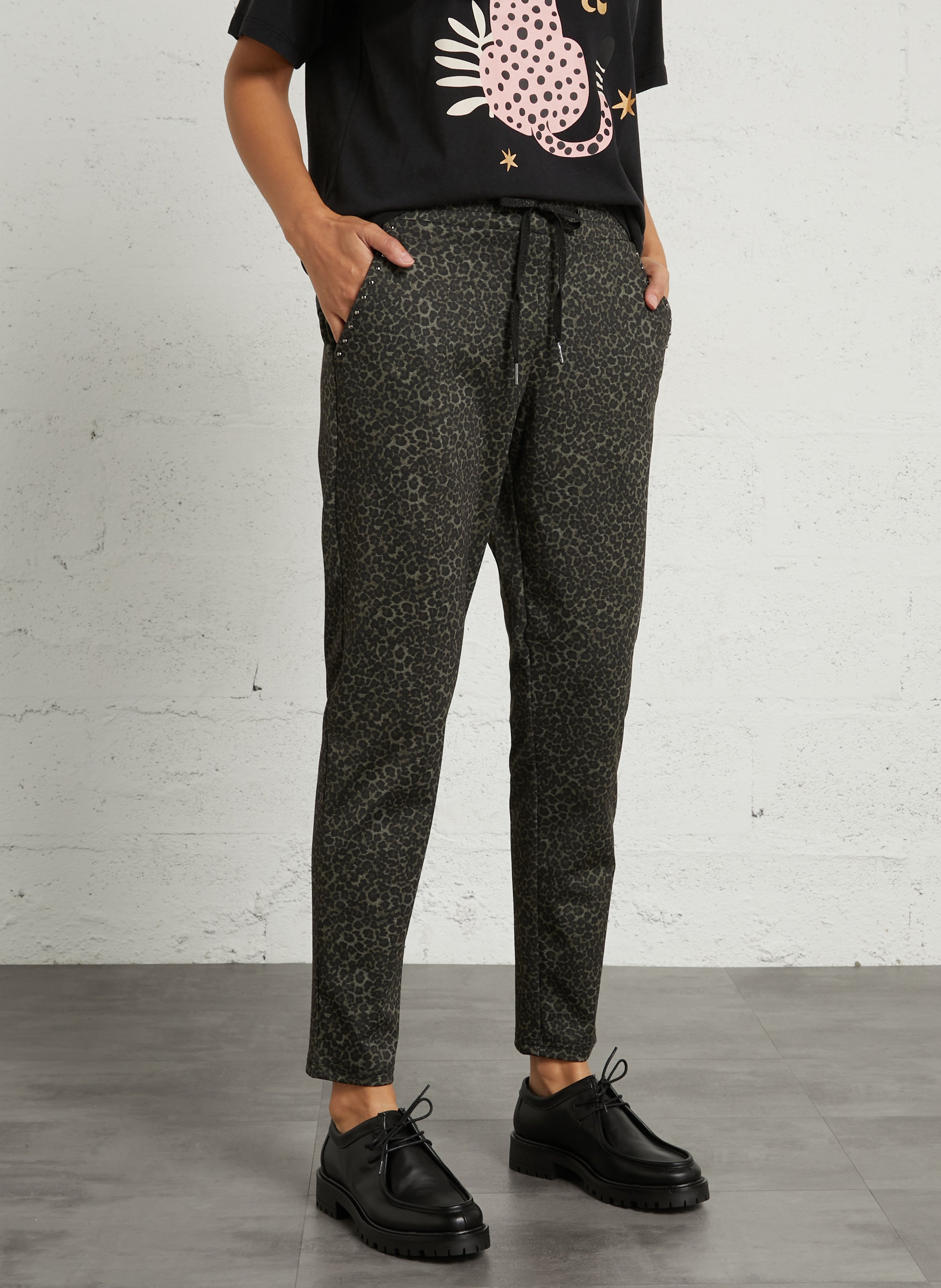 High-waisted slim leopard joggers LE TEMPS DES CERISES Green