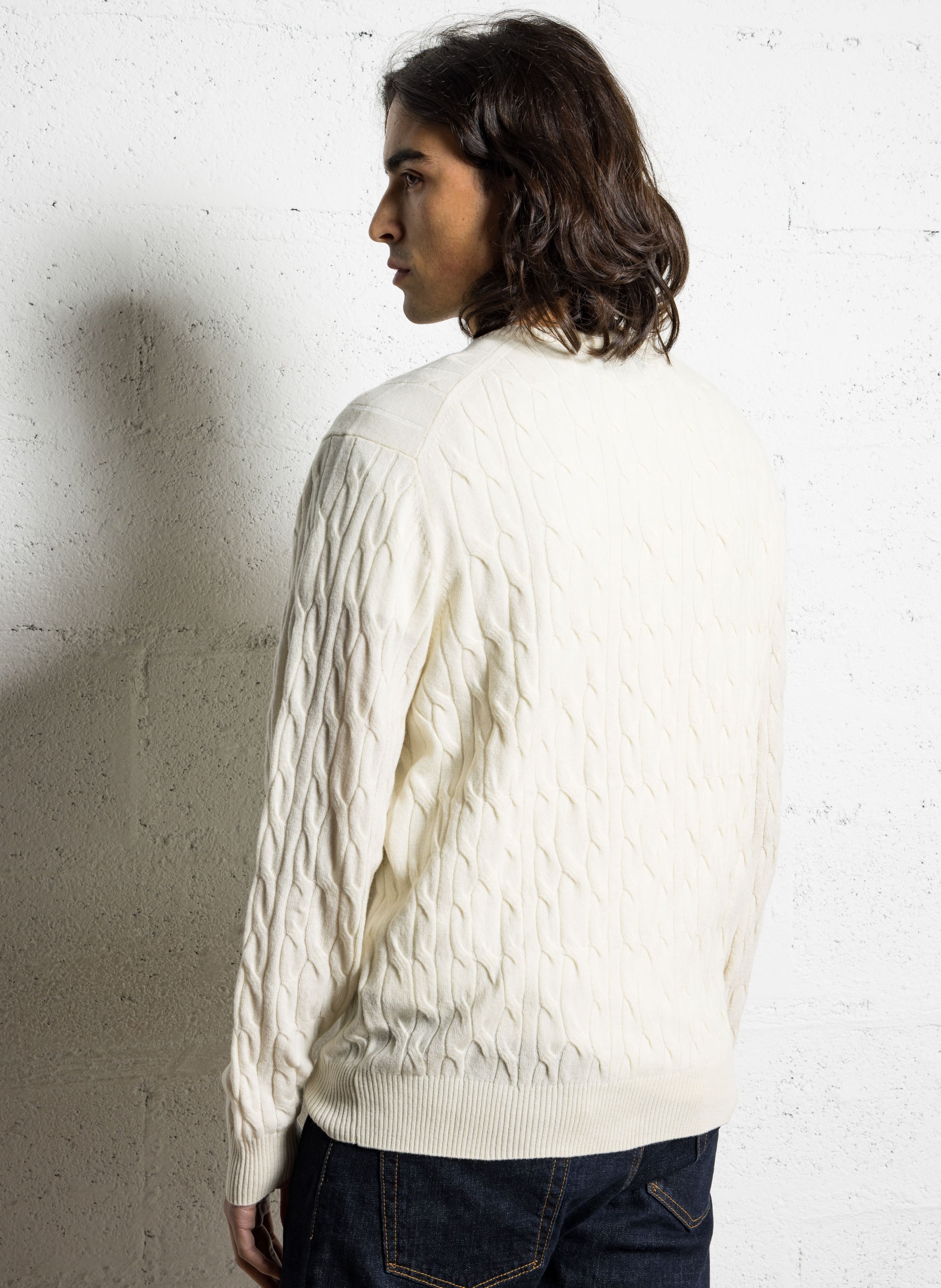 Pull col rond en maille torsadée HACKETT Blanc